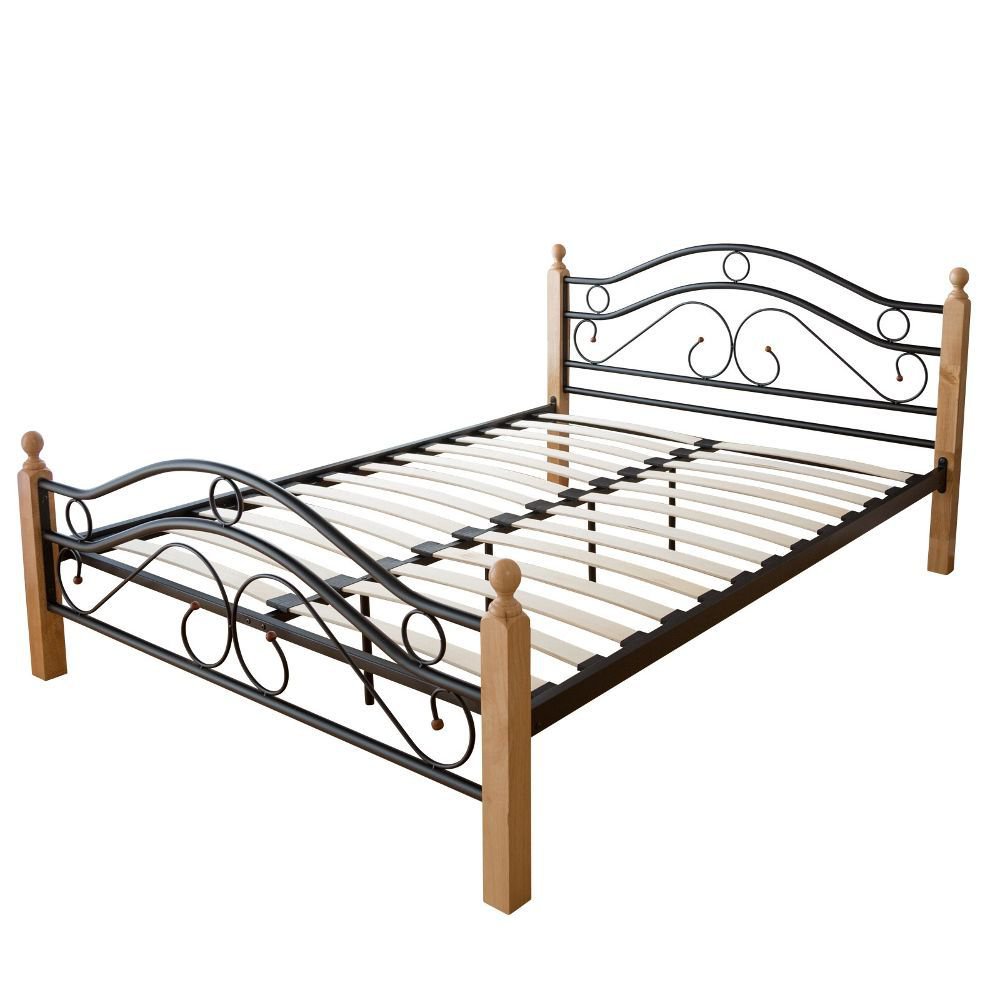 Metal Bed Iron Bed Double 180 x 200 Wood Slatted black natural bed frame 803 Metal Bed Iron Bed Double 160 x 200 Wood Slatted black natural bed frame 803
