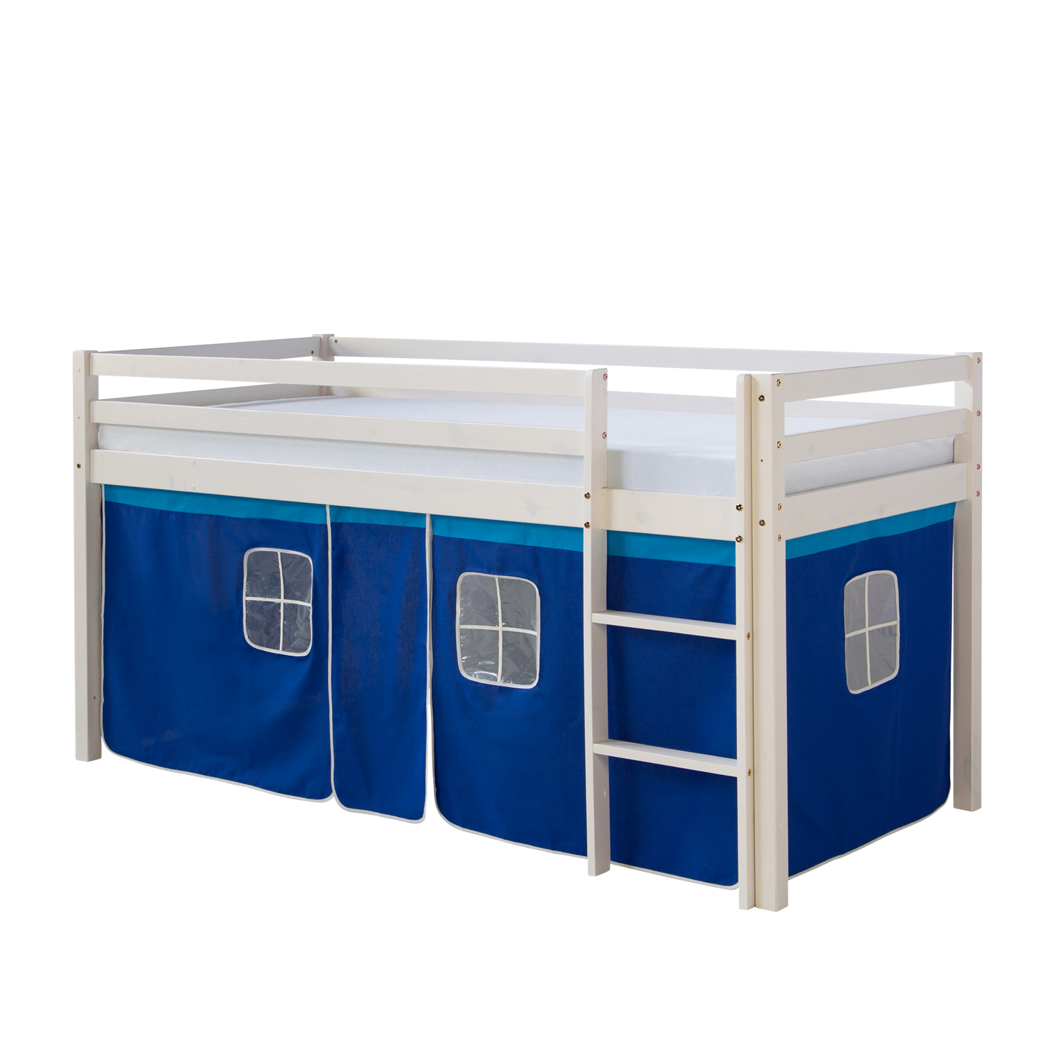 Hochbett Kinder 90x200 cm Weiß mit Vorhang in Blau | ohne Lattenrost