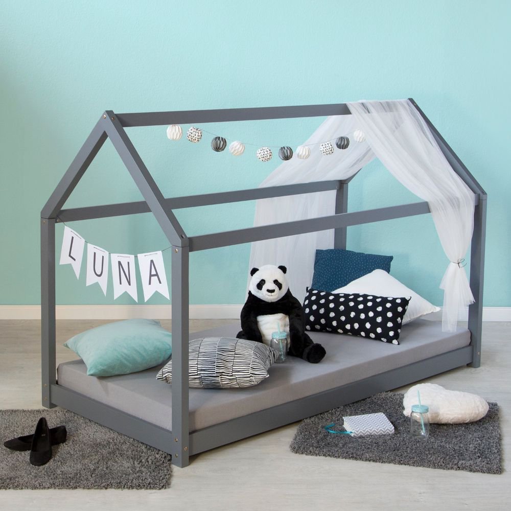 Children's Bed 90x200 cm Gray | House Bed | Single Bed | with Slatted Frame | Wood | Floor Bed