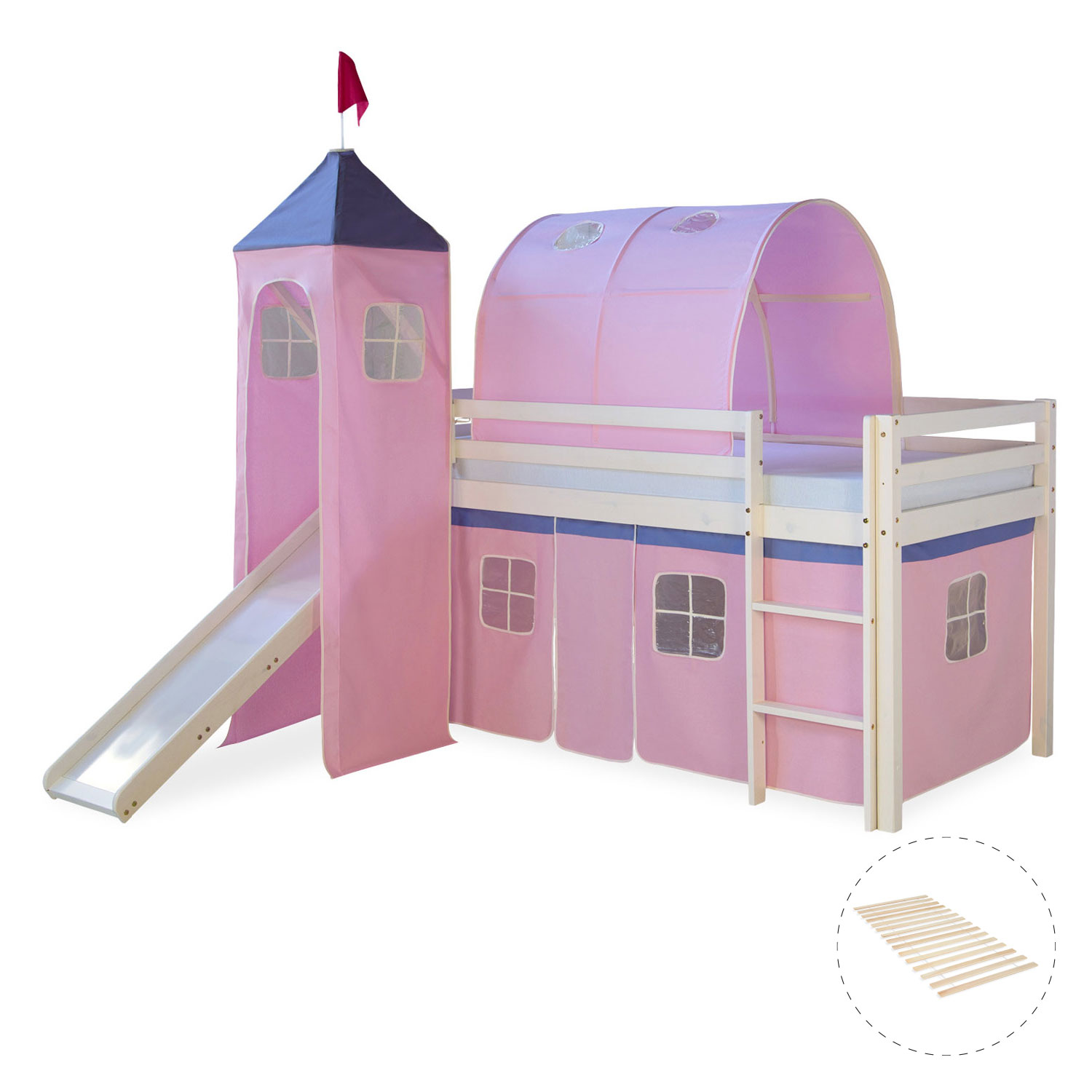 Loft Bed Kids 90x200 cm White with Curtain in Pink | Tunnel | Tower | Slide | with Slatted Frame