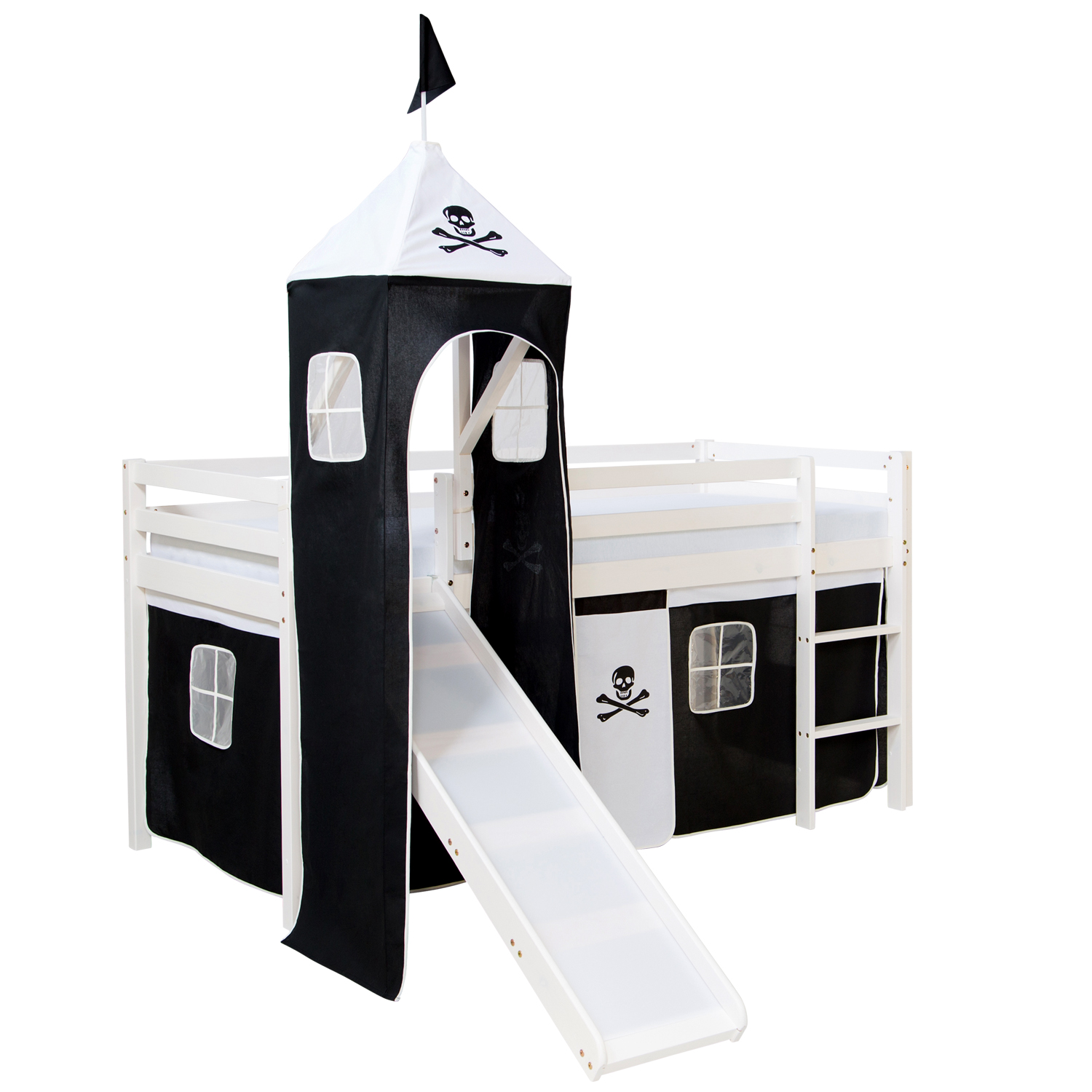 Loftbed 90x200 cm with Tower Slide Mattress Bunk bed Childrens bed Solid Pine Wood Slats Curtain Black Pirate