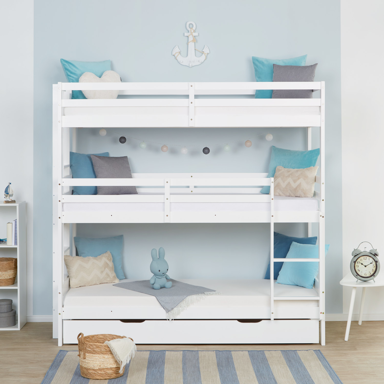 Bunk Bed 3 Levels 90x200 cm White | Ladders White | with Slatted Frame | with Bed Drawer