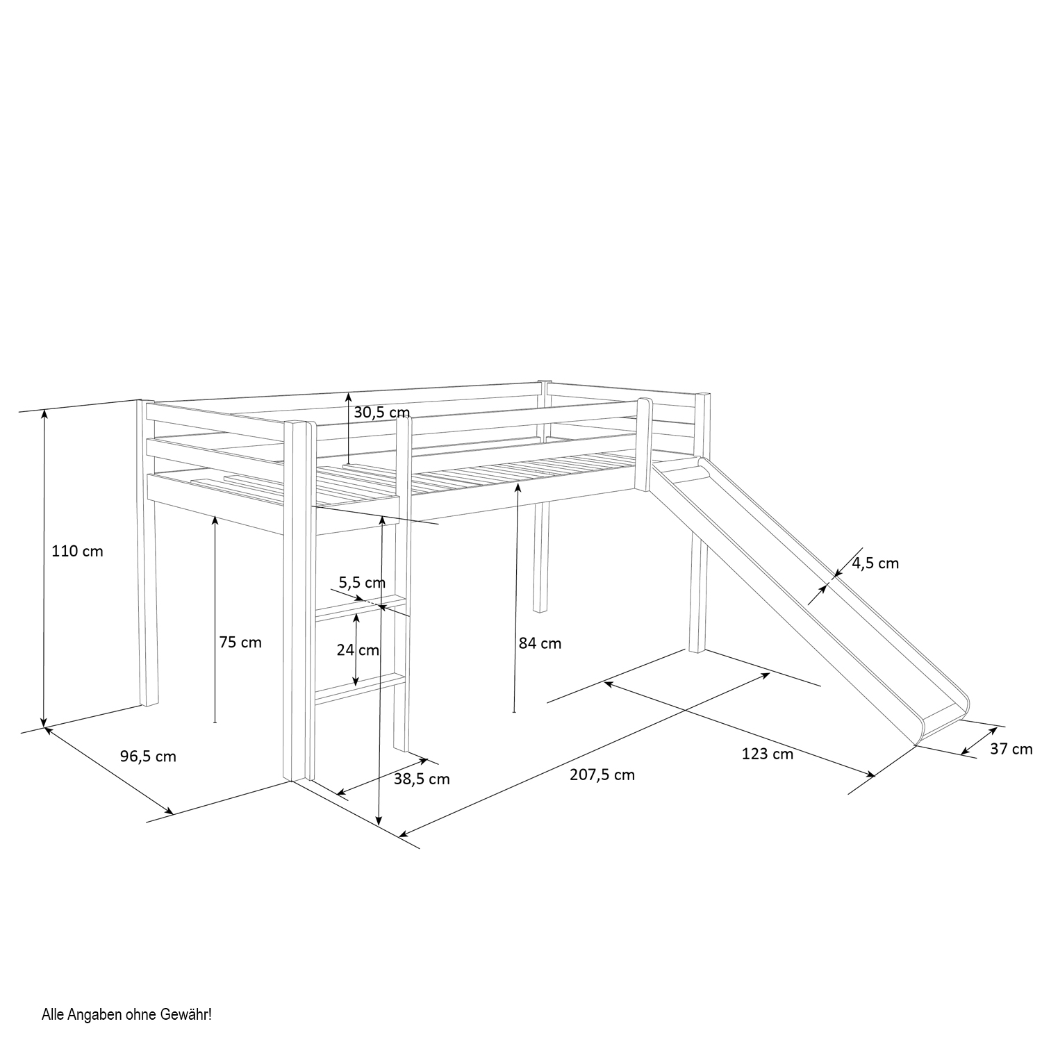 Loft Bed Kids 90x200 cm White with Curtain Stars | Tunnel | Slide | without Slatted Frame