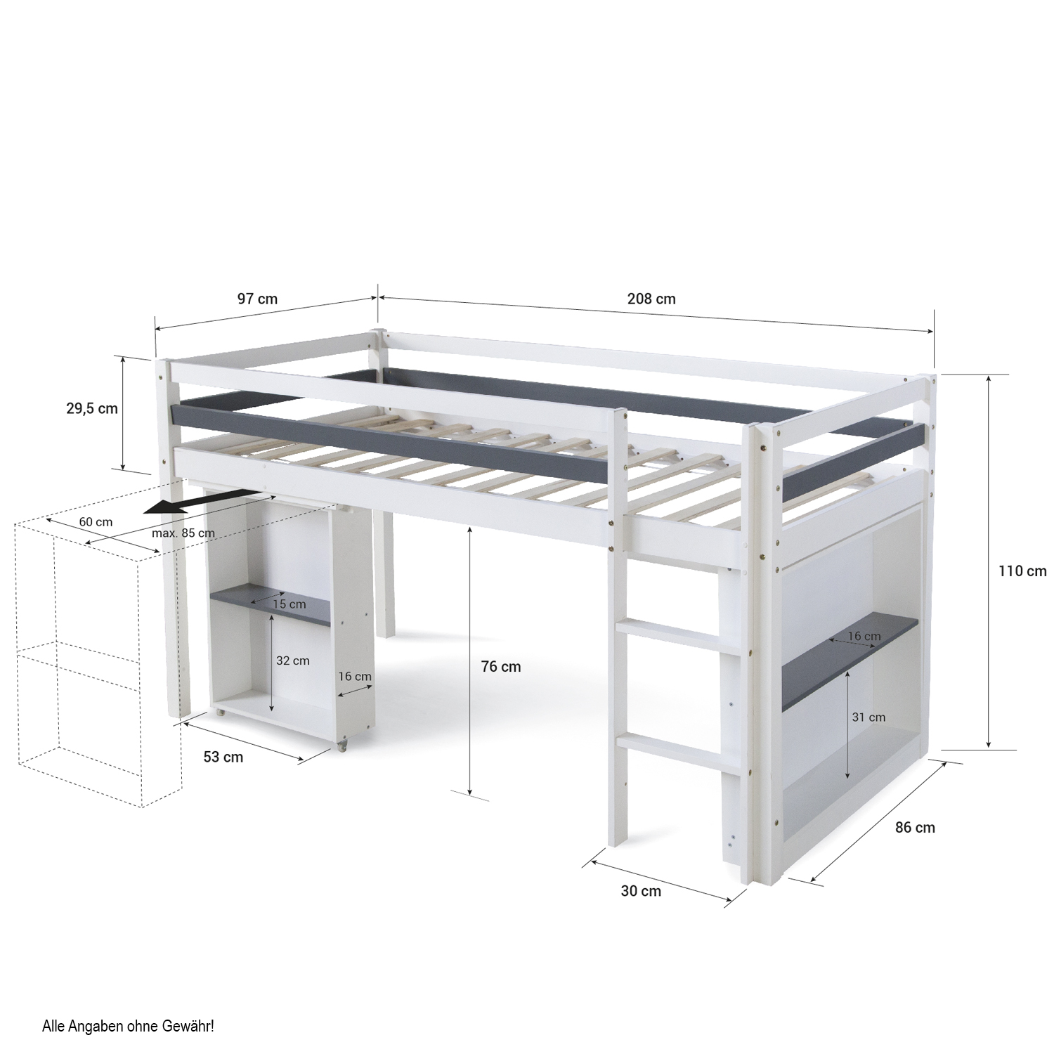 Hochbett Kinder 90x200 cm Weiß mit Schreibtisch | mit Regal | mit Lattenrost