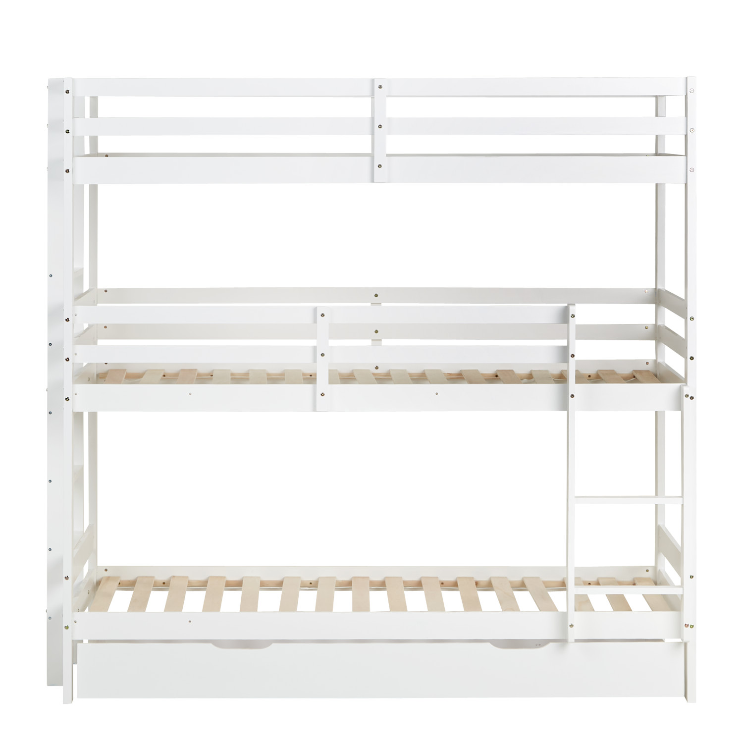 Bunk Bed 3 Levels 90x200 cm White | Ladders White | with Slatted Frame | with Bed Drawer