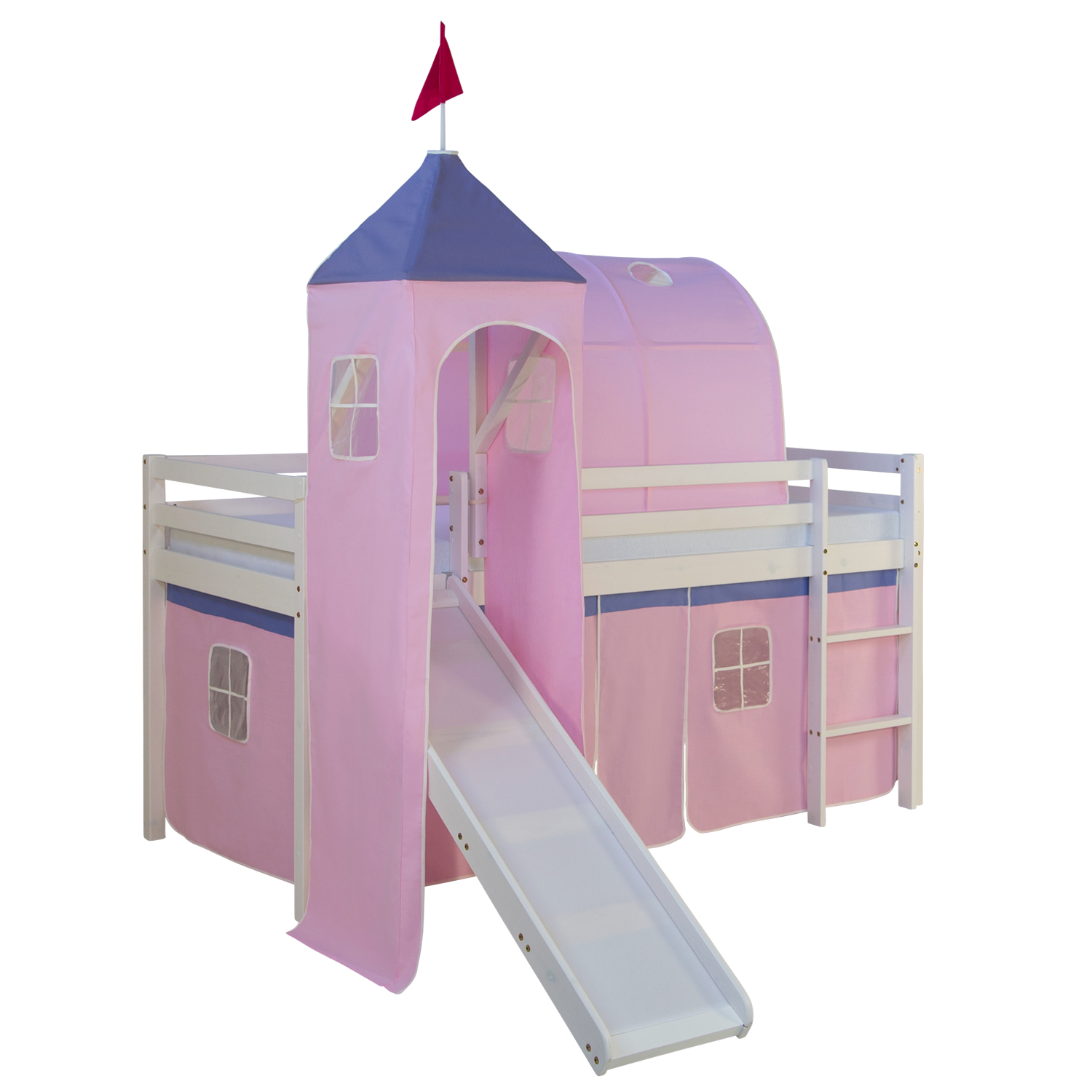 Lit Mezzanine Enfant 90x200 cm Blanc avec Rideau Rose | Tunnel | Tour | Toboggan | avec Sommier