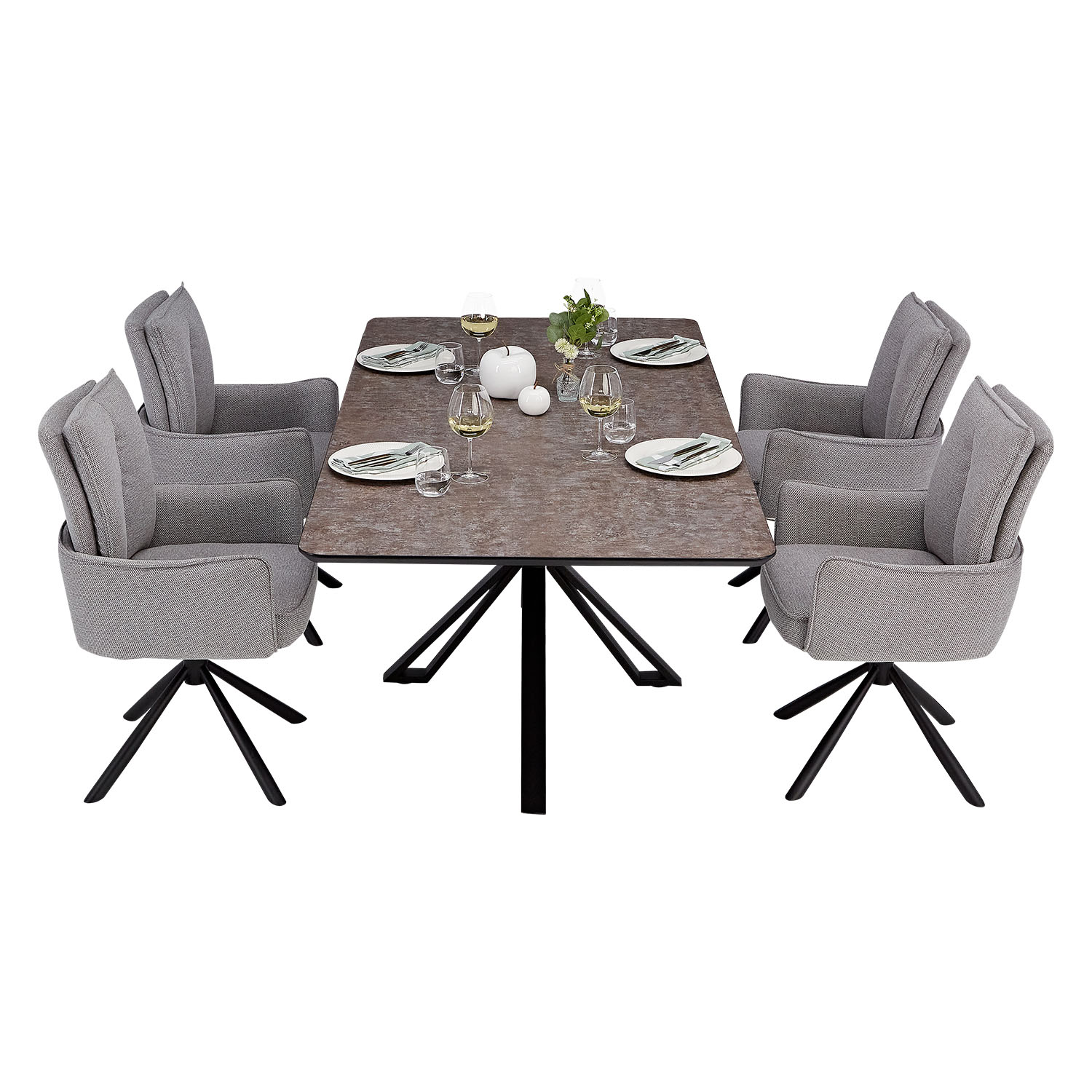 Esstisch mit 4 oder 6 Stühlen Set Essgruppe Polsterstühle Drehbar Grau Anthrazit Esszimmertisch 200x100 cm Metall