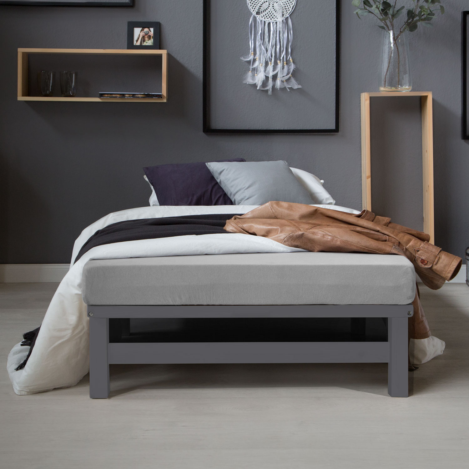 Pallet Bed 90x200 cm Gray | Single Bed | with Slatted Frame | Wood | Kids Youth Guest Bedroom