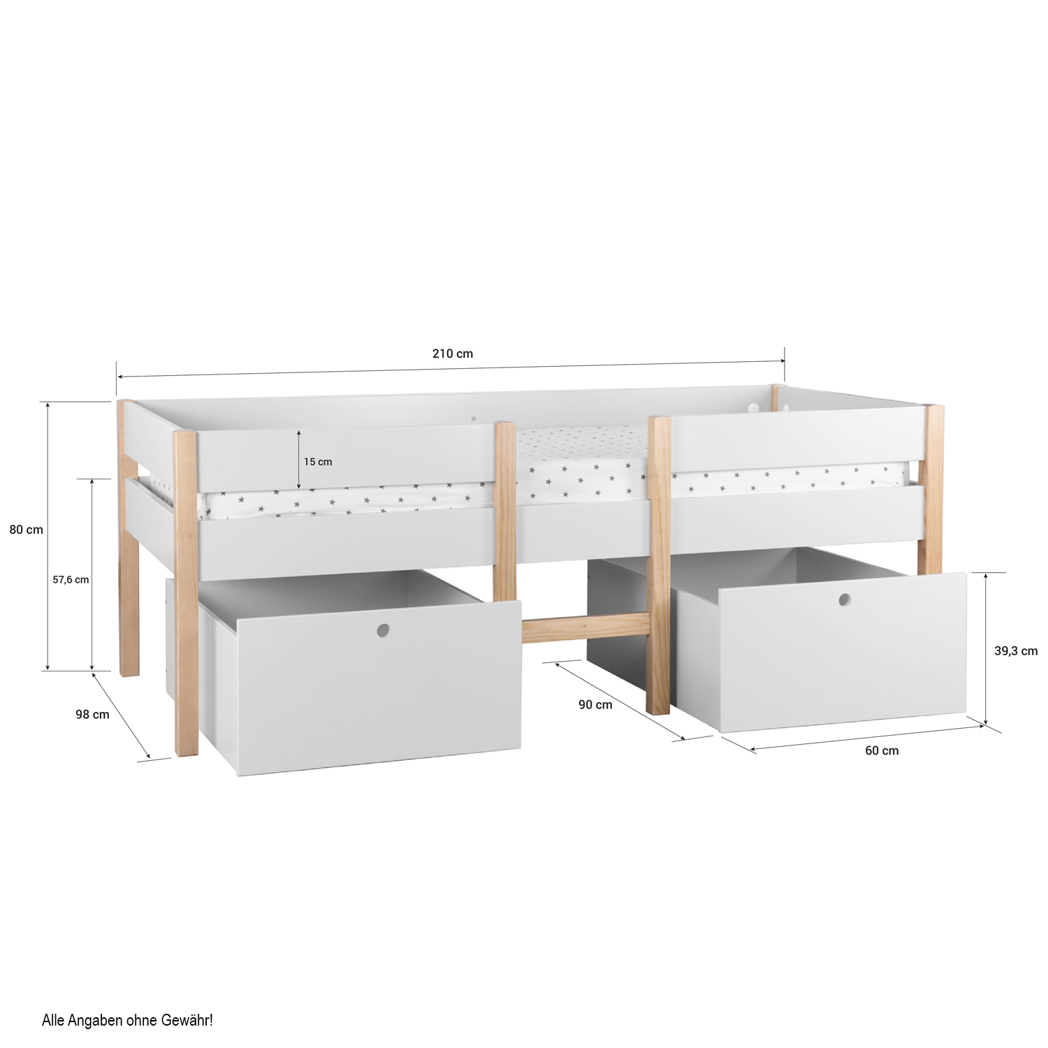 Halbhochbett Kinder Hochbett Kinderbett Kiefer Weiß 90x200 Bettkasten