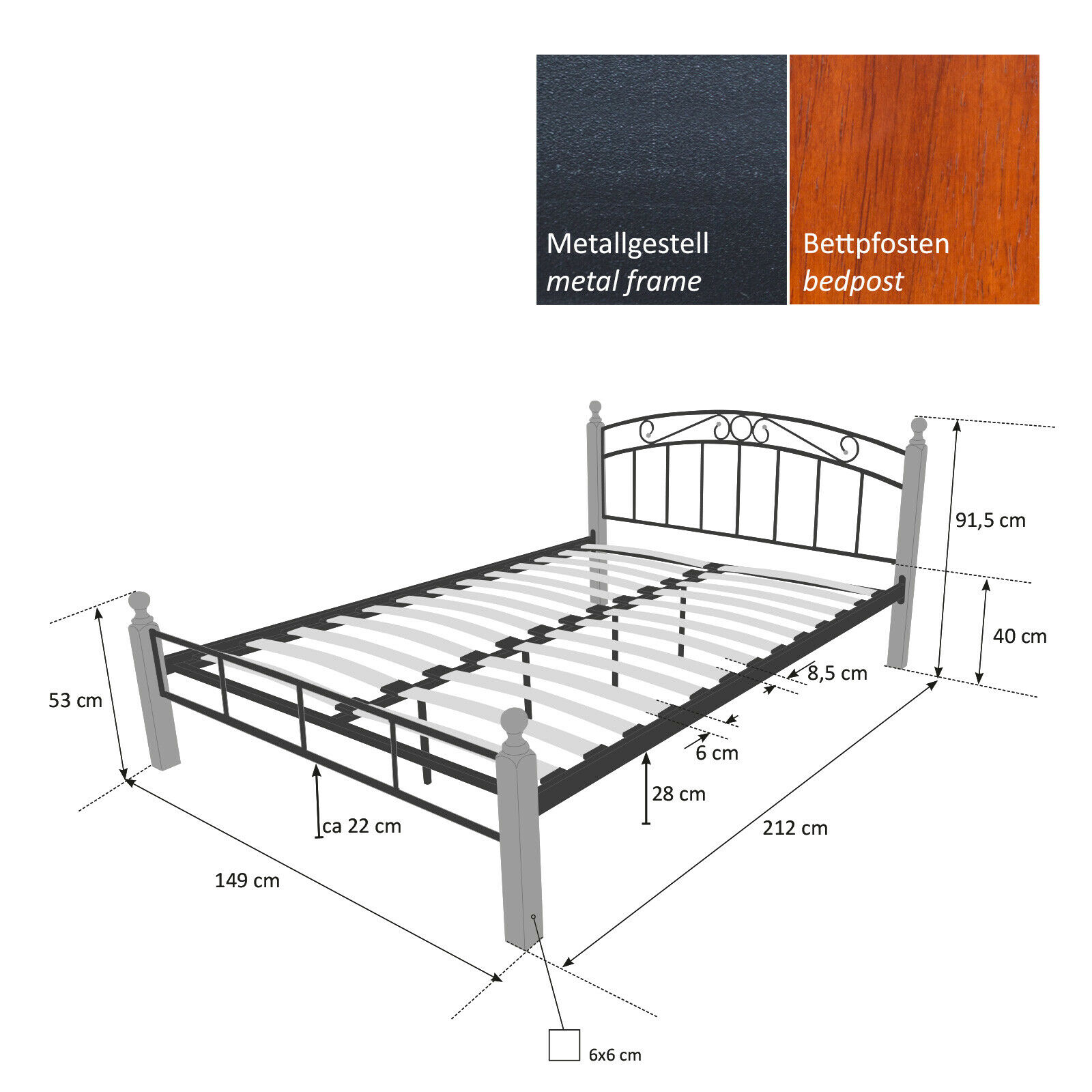 Design Iron Bed Double 180 x 200Wood Slatted black brown bed frame 916