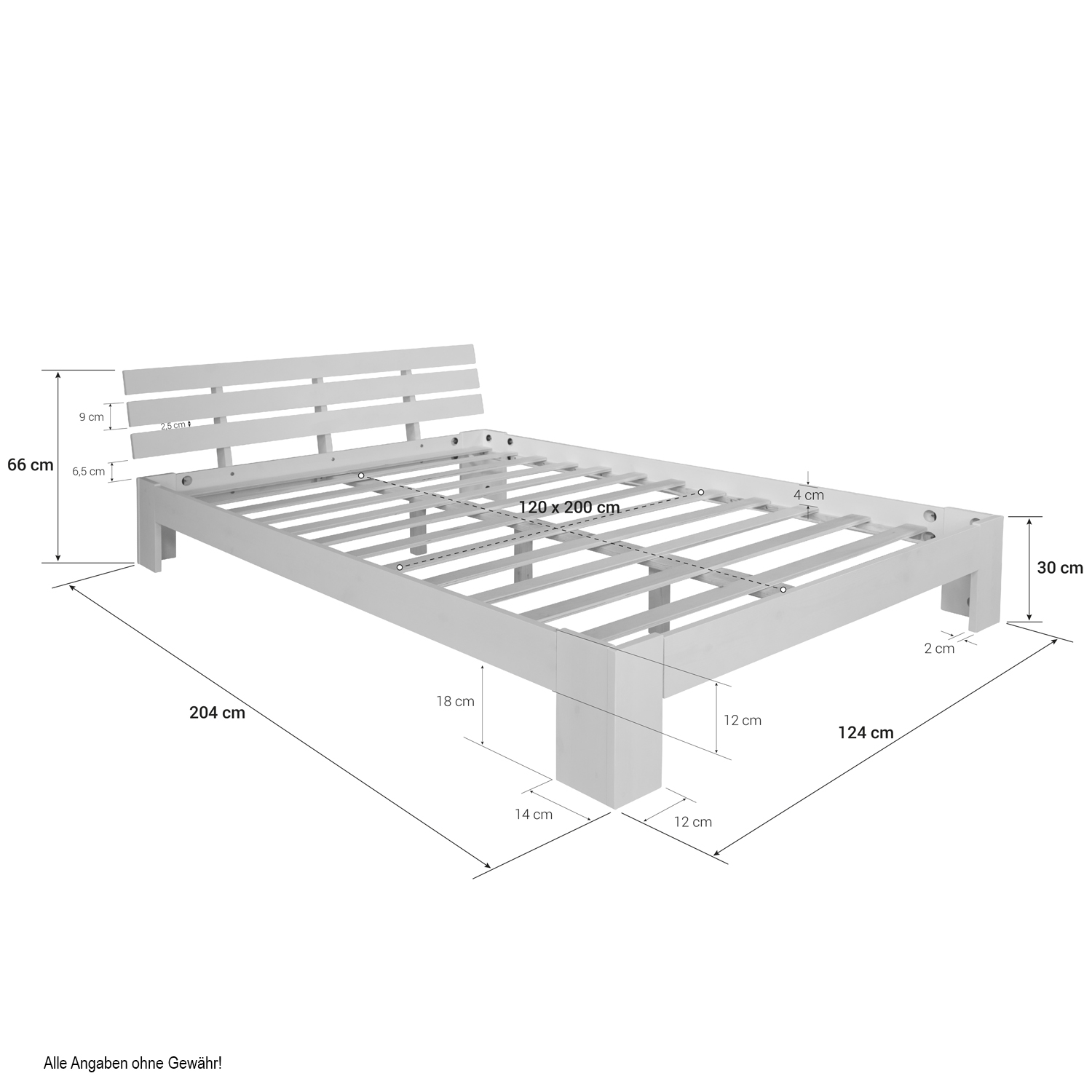 Wood Bed 120x200 cm White | Double Bed | with Slatted Frame | Solid | Kids Youth Guest Bedroom Wooden bed 90 120 140 160 180 cm white natural or grey double bed futon bed frame solid wood single bed