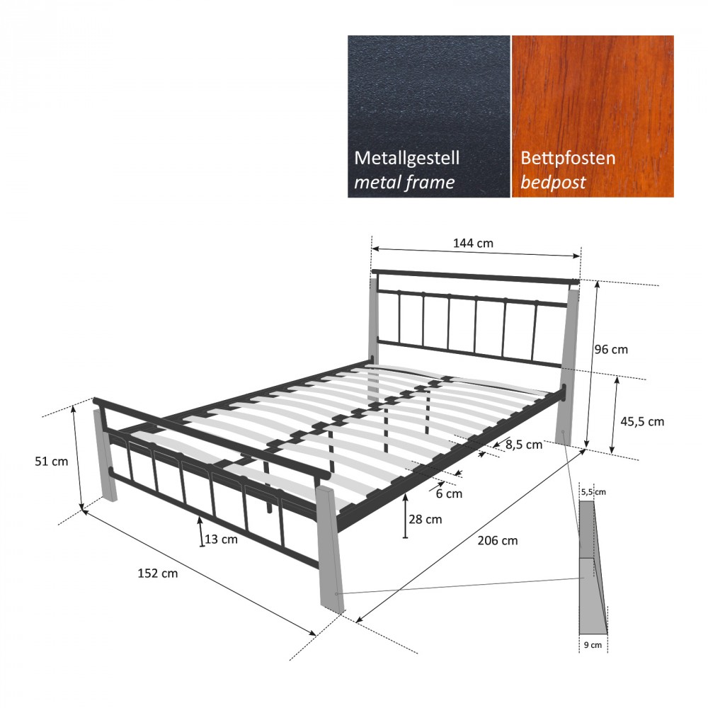 Metal Bed Iron Bed Double 160 x 200 Wood Slatted black brown bed frame 5072