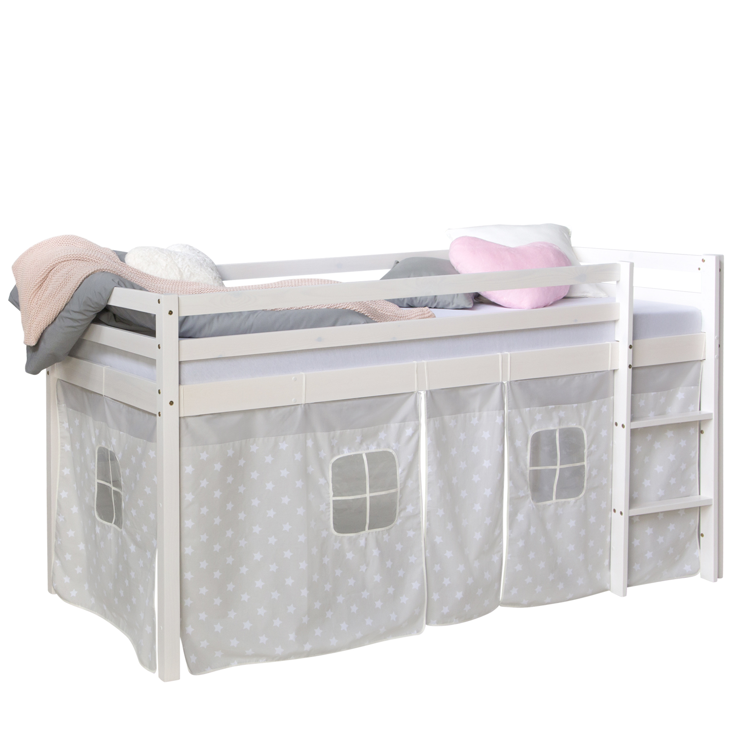 Loft Bed Kids 90x200 cm White with Curtain Stars | without Slatted Frame Loftbed 90x200 cm Bunk bed Childrens bed Solid Pine Wood Tower Tunnel Curtain Grey Stars Slide Mattress Slats
