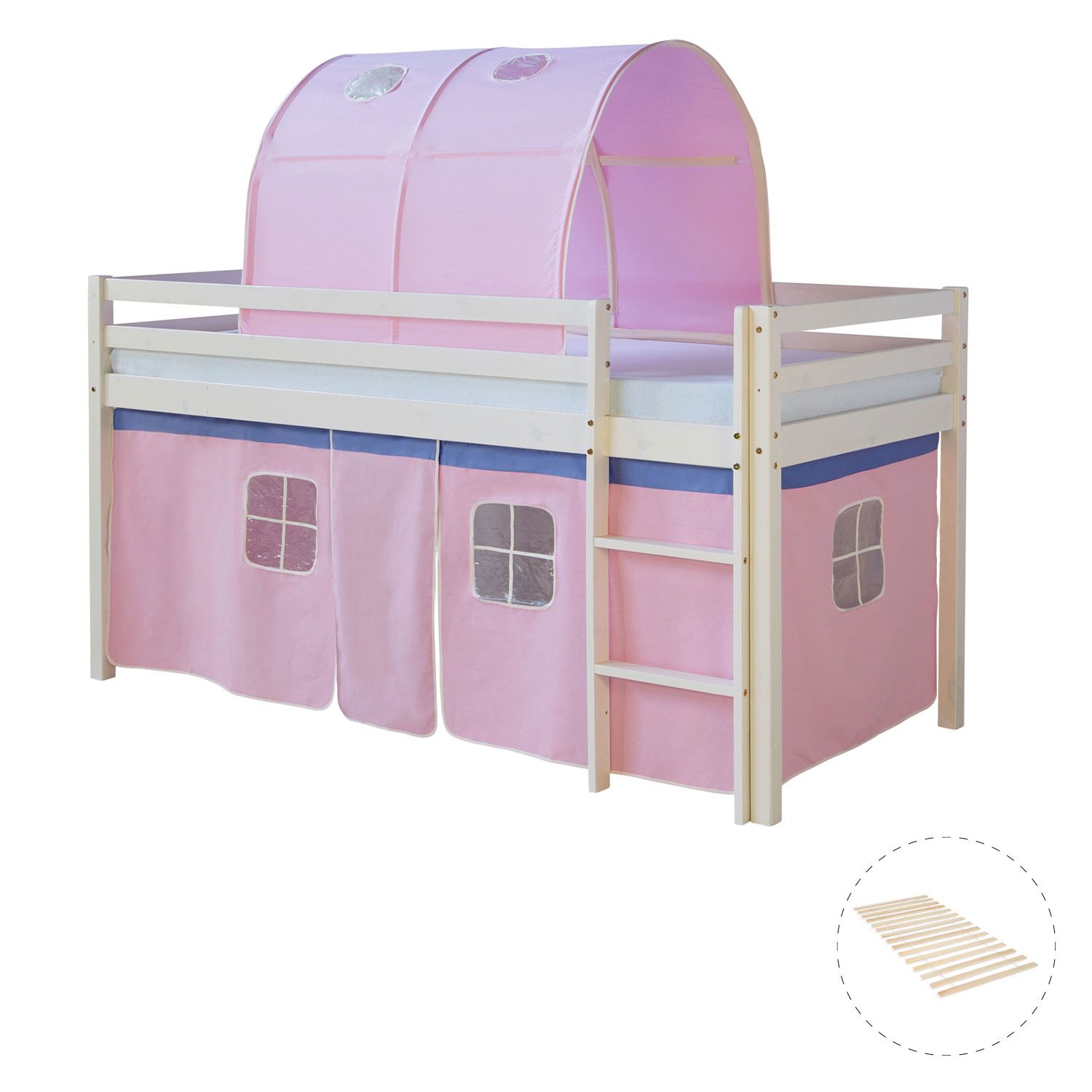 Loft Bed Kids 90x200 cm White with Curtain in Pink | Tunnel | with Slatted Frame Loft Bed Kids 90x200 cm White with Curtain in Pink | Tunnel | with Slatted Frame