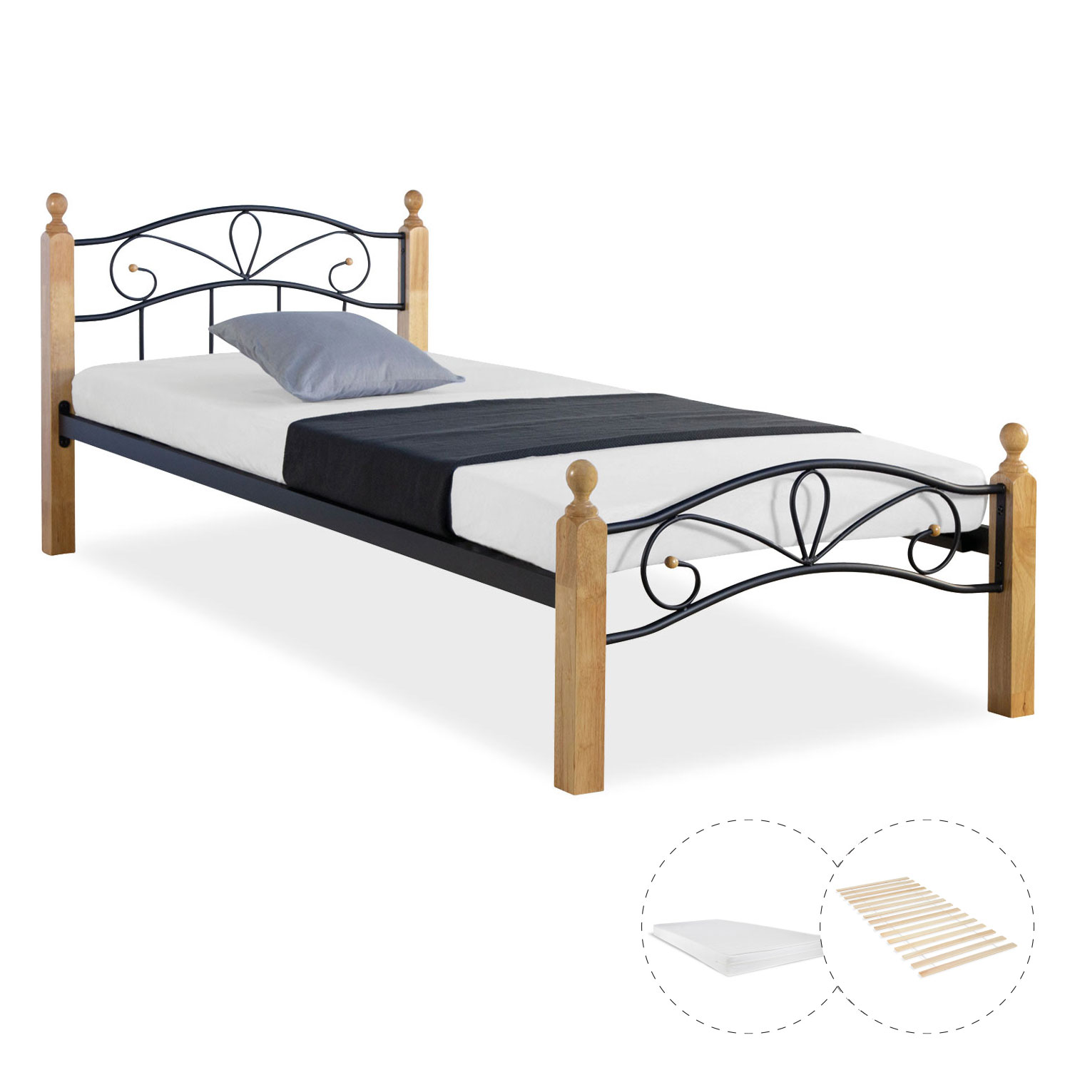 Metallbett mit Matratze Lattenrost 90x200 cm Bettgestell Schwarz Natur Holz Einzelbett Tagesbett