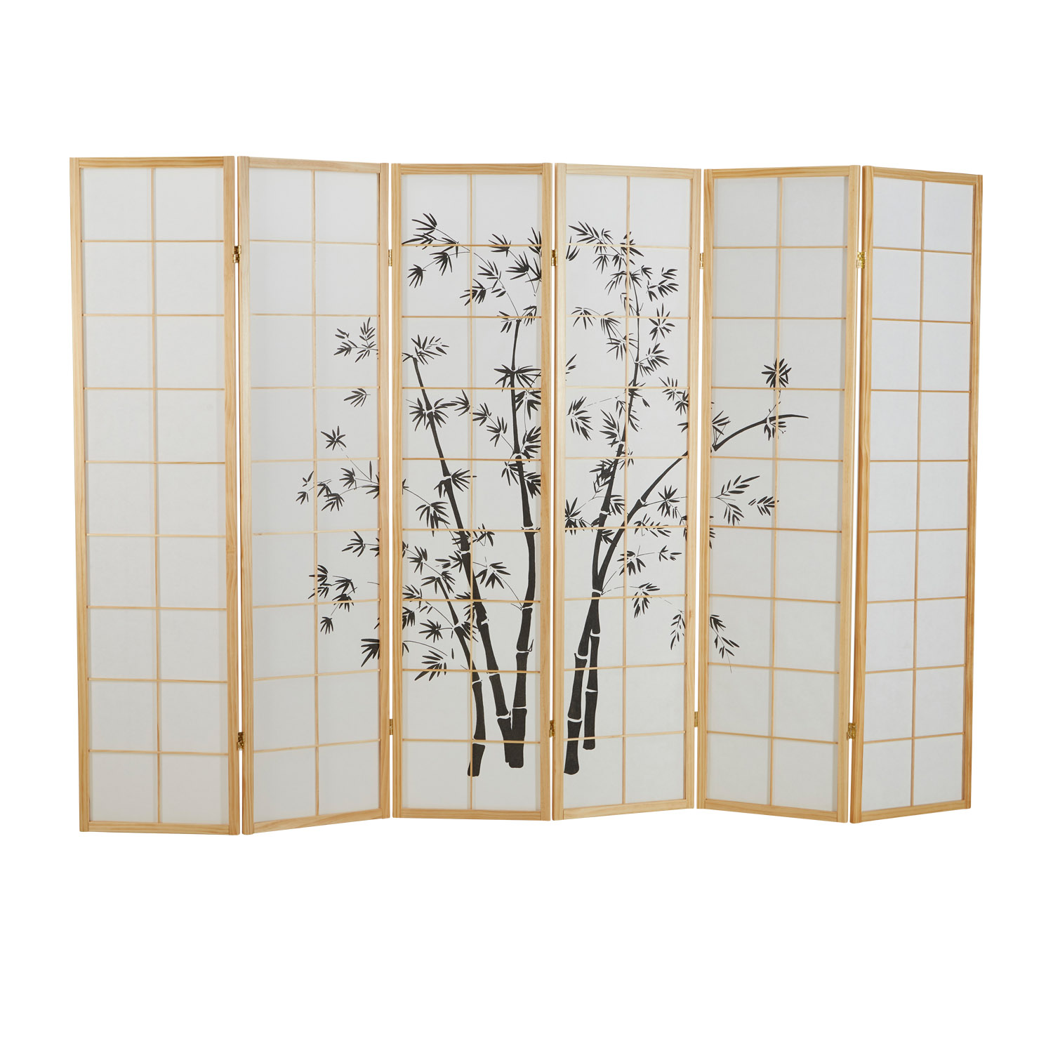 Paravent room divider 6 pieces, wood natural, rice paper white, bamboo pattern, height 179 cm	