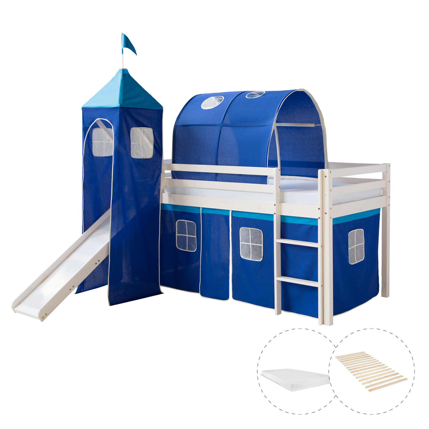 Loftbed 90x200 cm with Tower Tunnel Slide Mattress Bunk bed Childrens bed Solid Pine Wood Slats Curtain Blue Loftbed 90x200 cm with Tower Tunnel Slide Mattress Bunk bed Childrens bed Solid Pine Wood Slats Curtain Blue