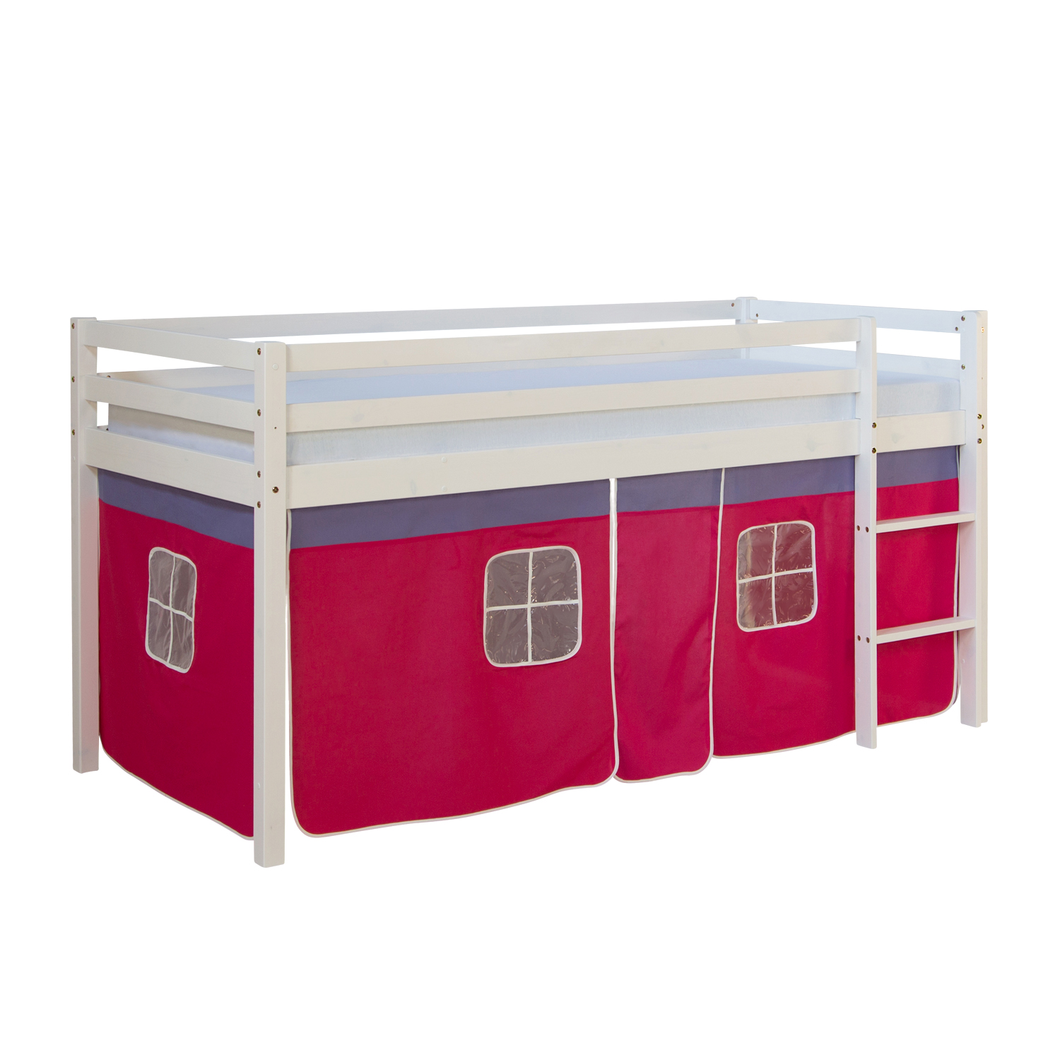 Loft Bed Kids 90x200 cm White with Curtain Pink | without Slatted Frame Loft Bed Kids 90x200 cm White with Curtain in Pink | without Slatted Frame