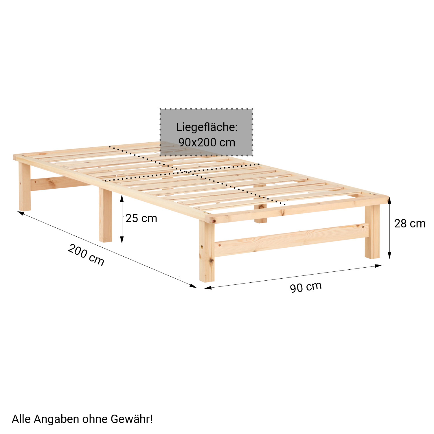 Pallet Bed 90x200 cm Natural | Single Bed with Slatted Frame | with Mattress | Wood | Kids Youth Guest Bedroom