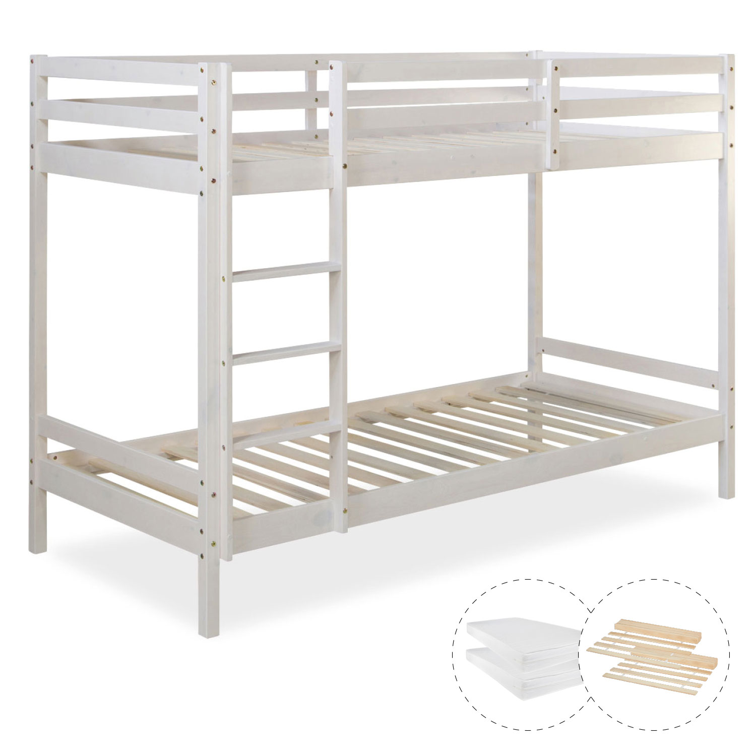 Lit superposé avec 2 matelas Lit enfant 90x200 cm Lit mezzanine en bois massif blanc 