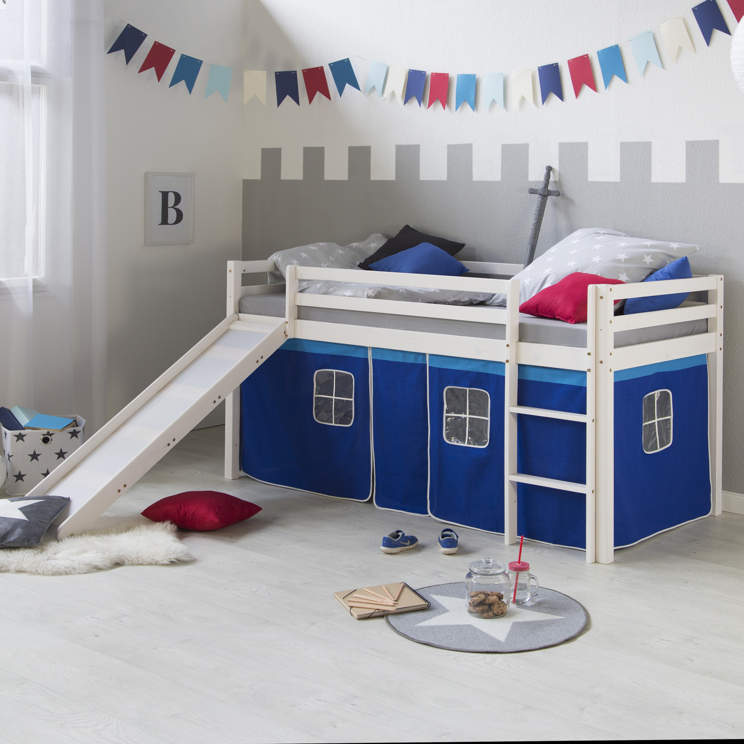 Loft Bed Kids 90x200 cm White with Curtain in Blue | Slide | without Slatted Frame Loft Bed Kids 90x200 cm White with Curtain in Blue | Slide | without Slatted Frame
