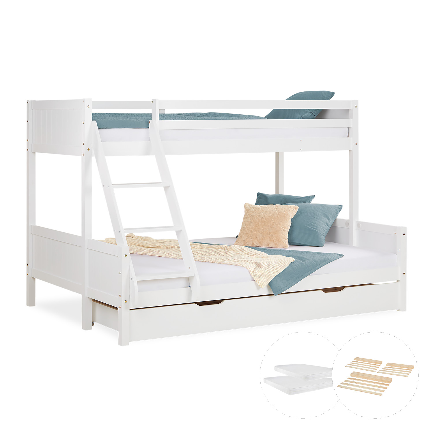 Bunk Bed with 2 Mattresses Kids Bed 90x200 and 140x200 cm White Wood Cabin Bed High Sleeper Bed Loft Bed Childrens Bed Twin Bed Drawer Bunk Bed with 2 Mattresses Kids Bed 90x200 and 140x200 cm White Wood Cabin Bed High Sleeper Bed Loft Bed Childrens Bed Twin Bed Drawer