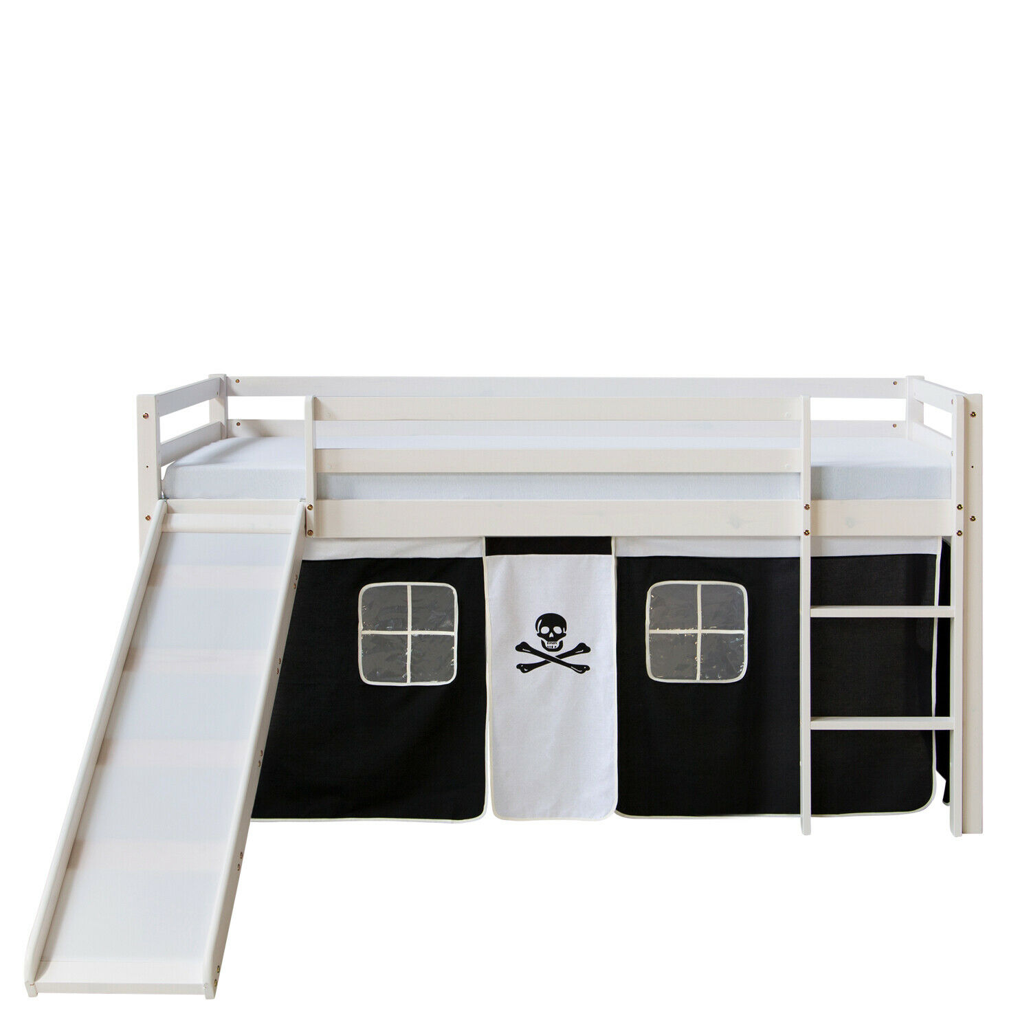 Loft Bed Kids 90x200 cm White with Curtain in Black | Slide | without Slatted Frame Loft Bed Kids 90x200 cm White with Curtain in Black | Slide | without Slatted Frame