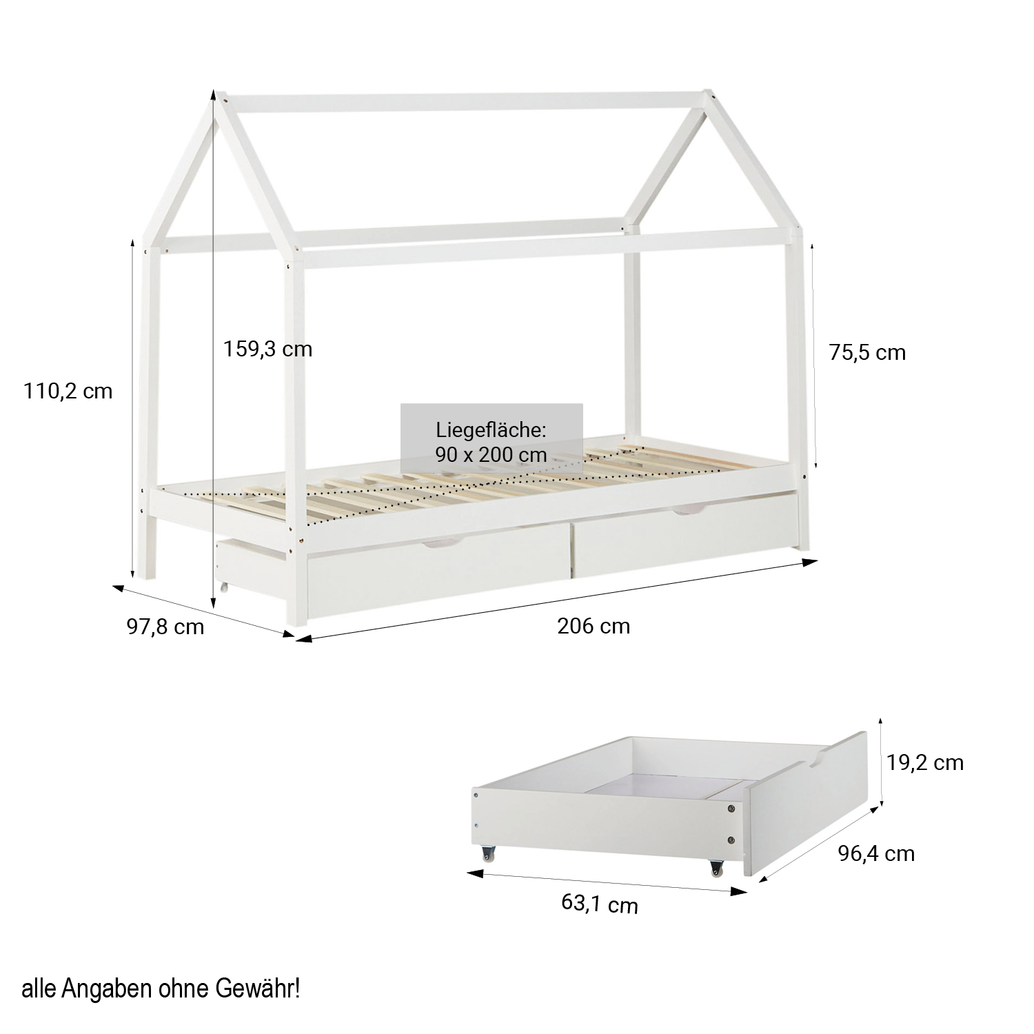 Cot House Bed Grey White Bed Frame 90x200 cm with 2 Drawers Children's Bed 90x200 cm White | House Bed with Drawers | Single Bed | with Slatted Frame | Wood