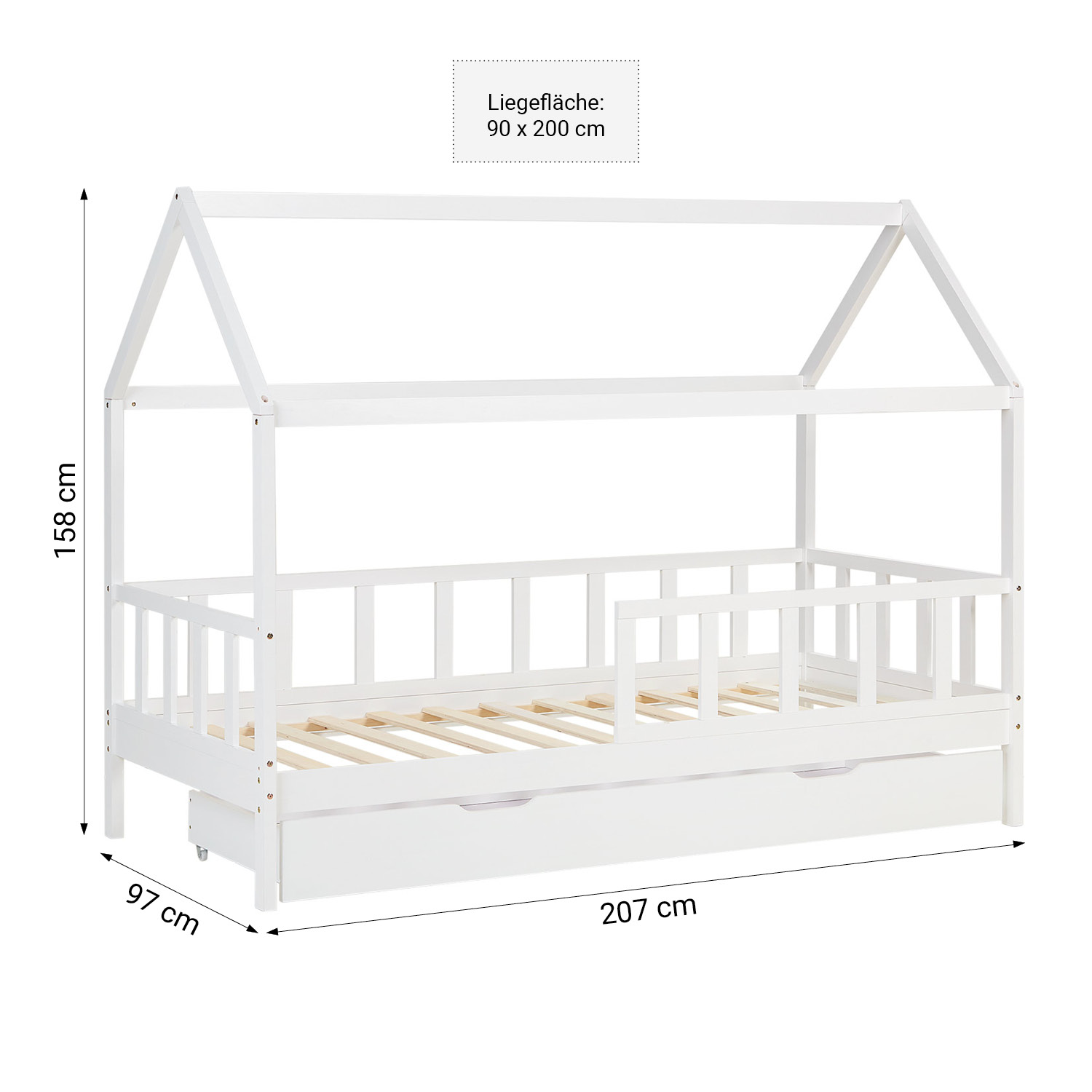 Lit Enfant 90x200 cm Blanc | Lit cabane avec barrière de protection et tiroir de lit | Montessori | Lit simple | avec sommier | Bois