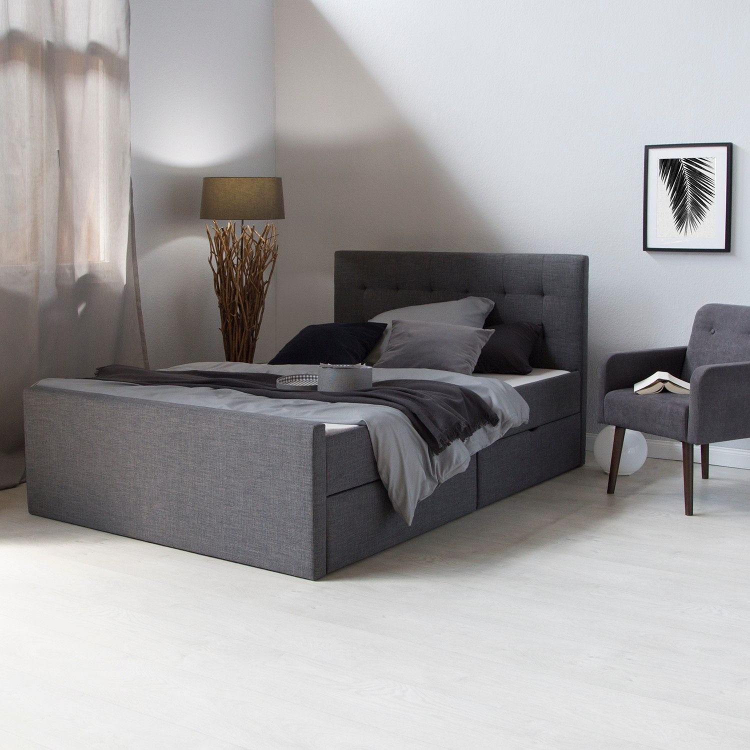 Upholstered Bed 180x200 Grey Double Bed Slatted Frame 2 Drawers