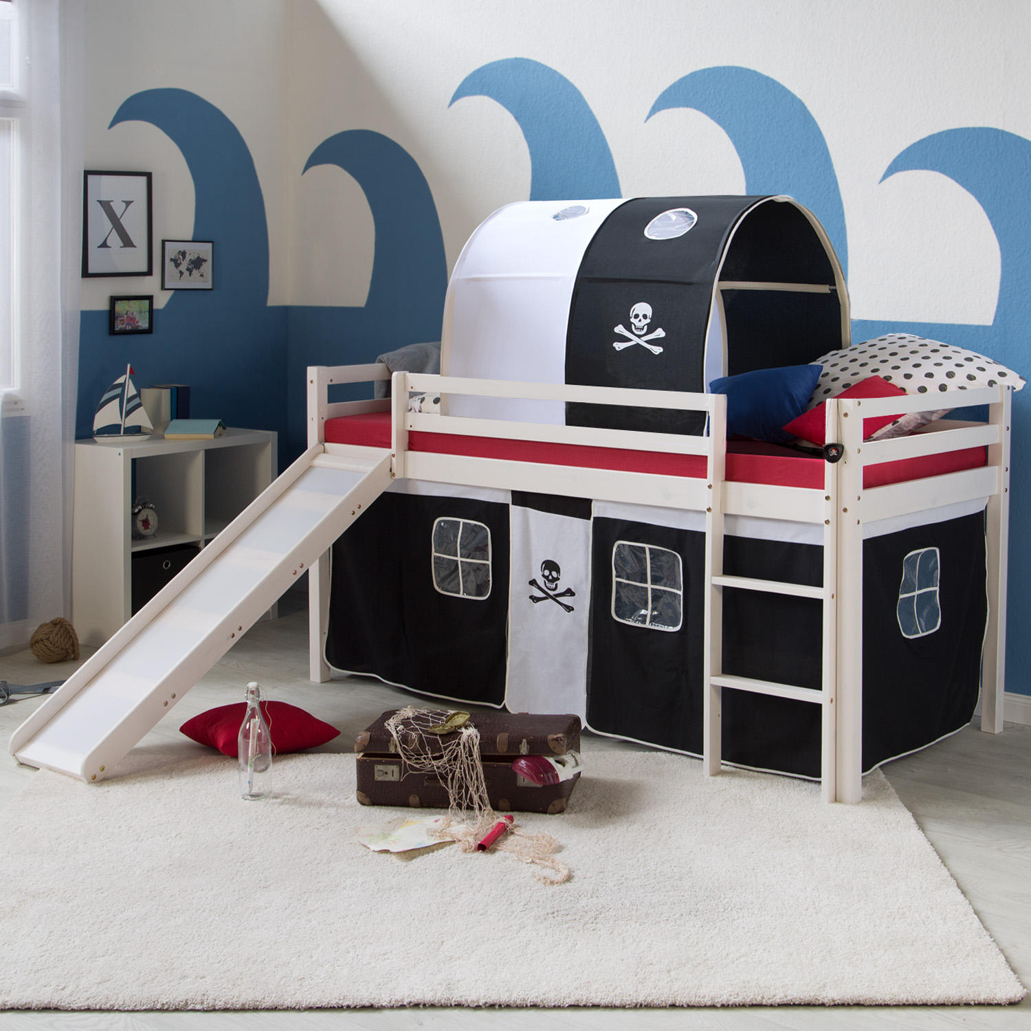 Loft Bed Kids 90x200 cm White with Curtain Black | Tunnel | Slide | without Slatted Frame