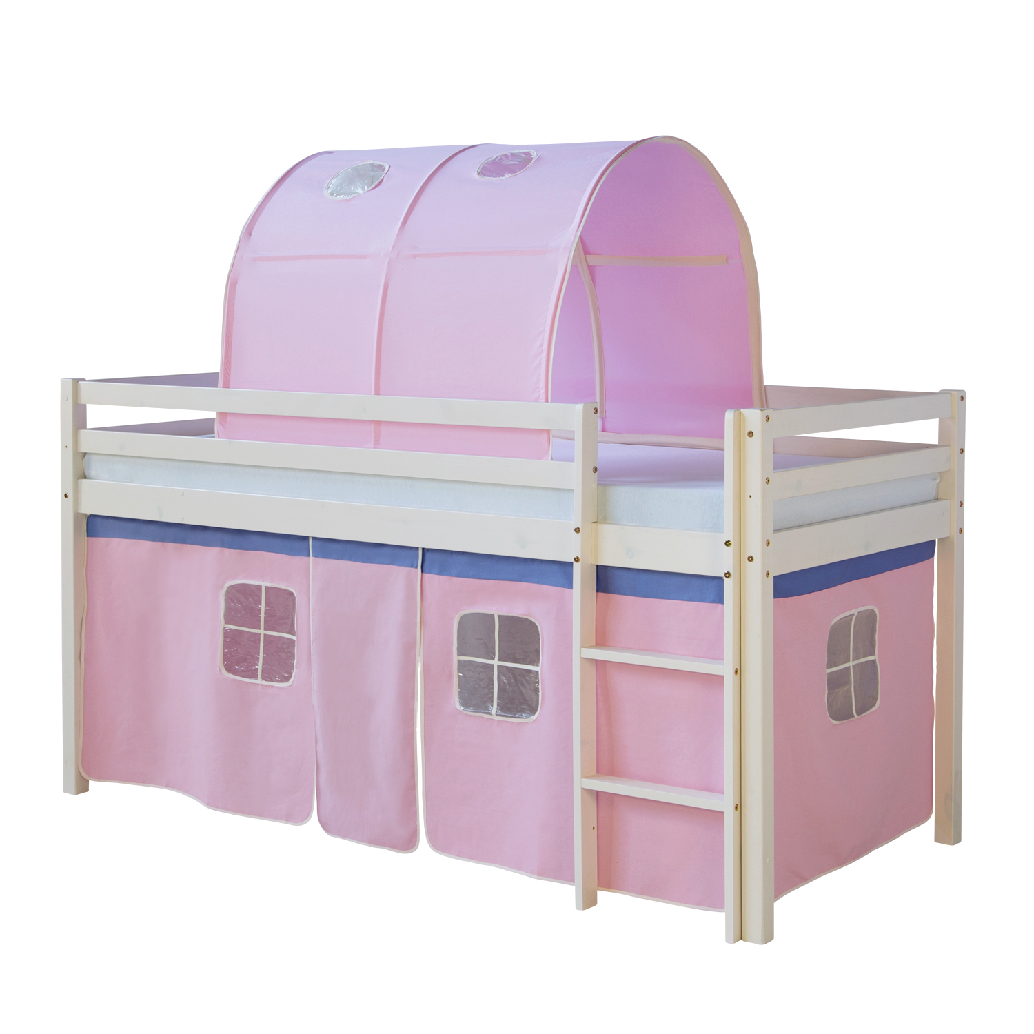 Loftbed 90x200 cm Bunk bed Childrens bed Solid Pine Wood Tower Tunnel Curtain Pink Slide Mattress Slats Loft Bed Kids 90x200 cm White with Curtain in Pink | Tunnel | with Slatted Frame