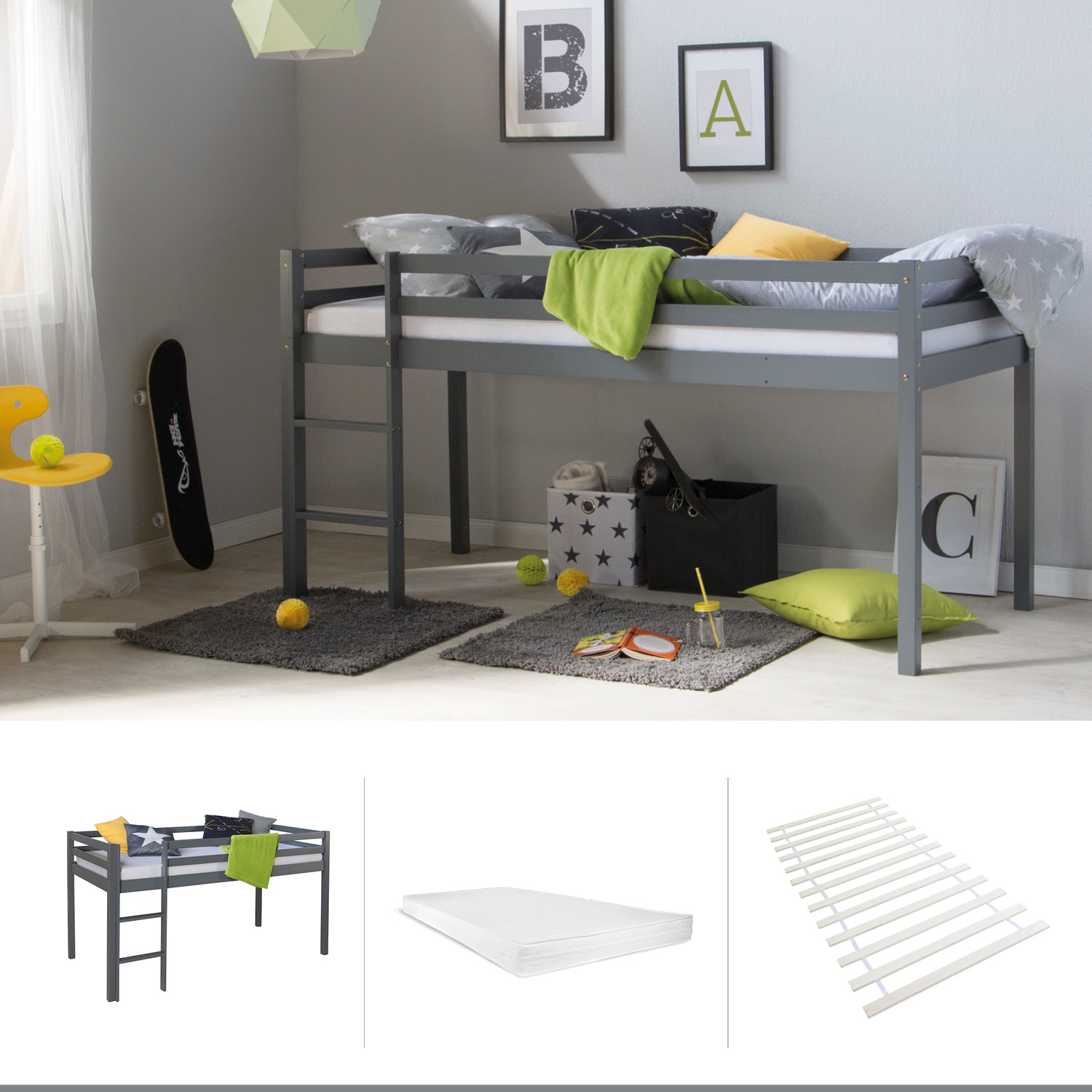 Loft Bed with Mattress Slatted Frame 90x200 cm Children's Bed Grey Bunk Bed Loft Bed with Mattress Slatted Frame 90x200 cm Children's Bed Grey Bunk Bed