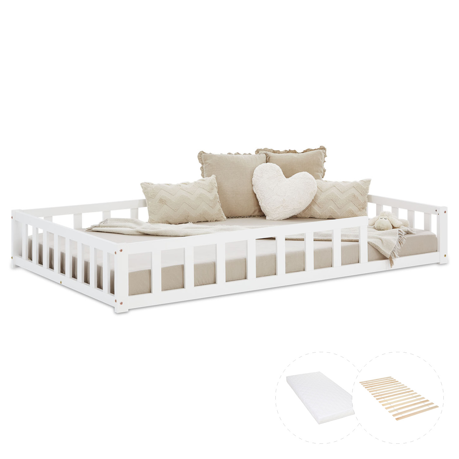 Children's Bed 120x200 White | Floor Bed with Mattress & Slatted Frame | with Fall Protection | Montessori
