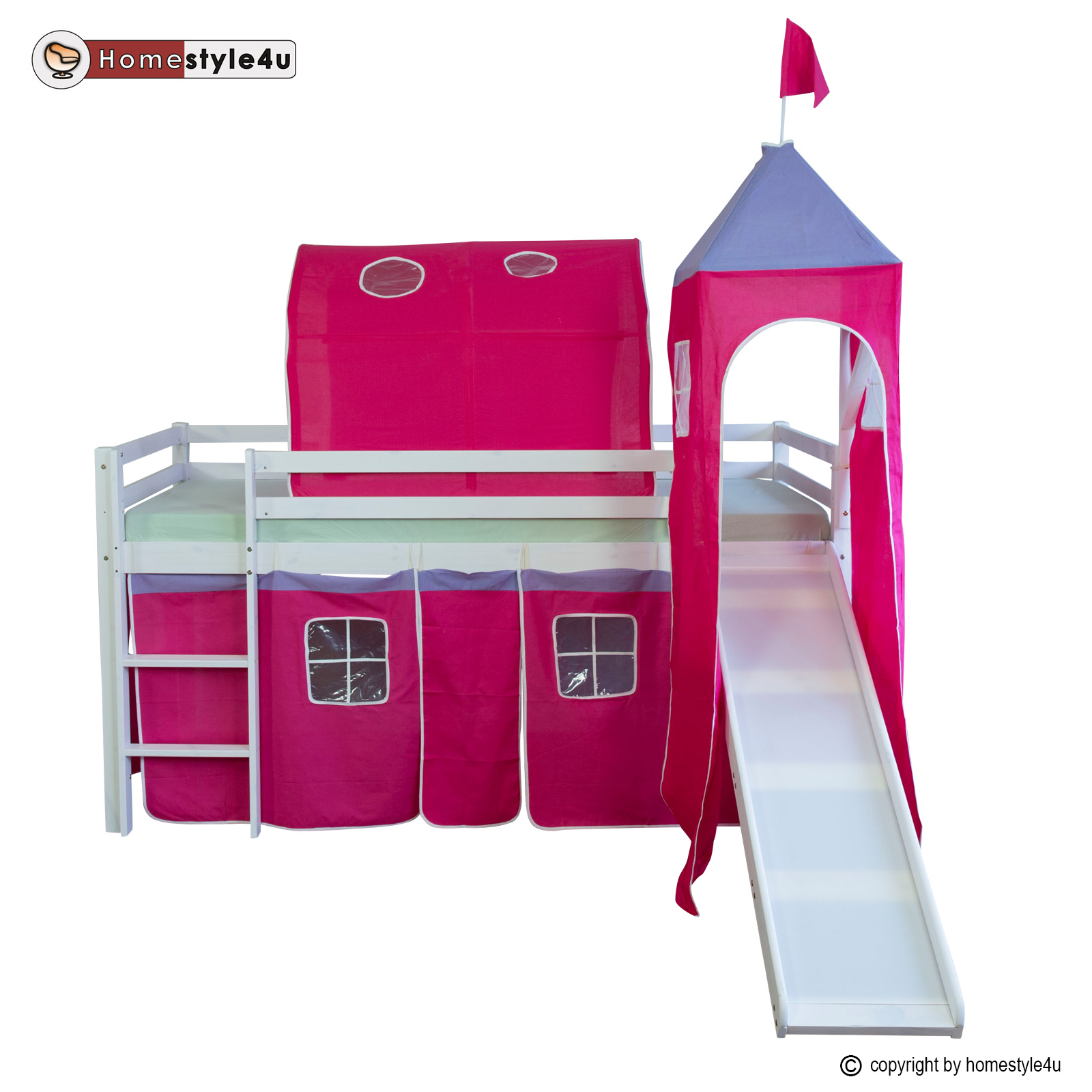 Lit Mezzanine Enfant 90x200 cm Blanc avec Rideau Rose | Tunnel | Tour | Toboggan | sans Sommier