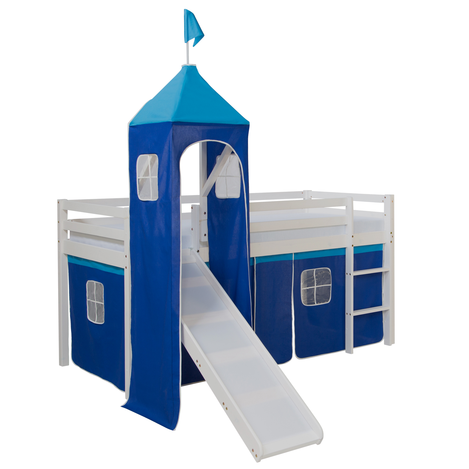 Loft Bed Kids 90x200 cm White with Curtain in Blue | Tower | Slide | without Slatted Frame Loftbed 90x200 cm with Tower Slide Mattress Bunk bed Childrens bed Solid Pine Wood Slats Curtain Blue