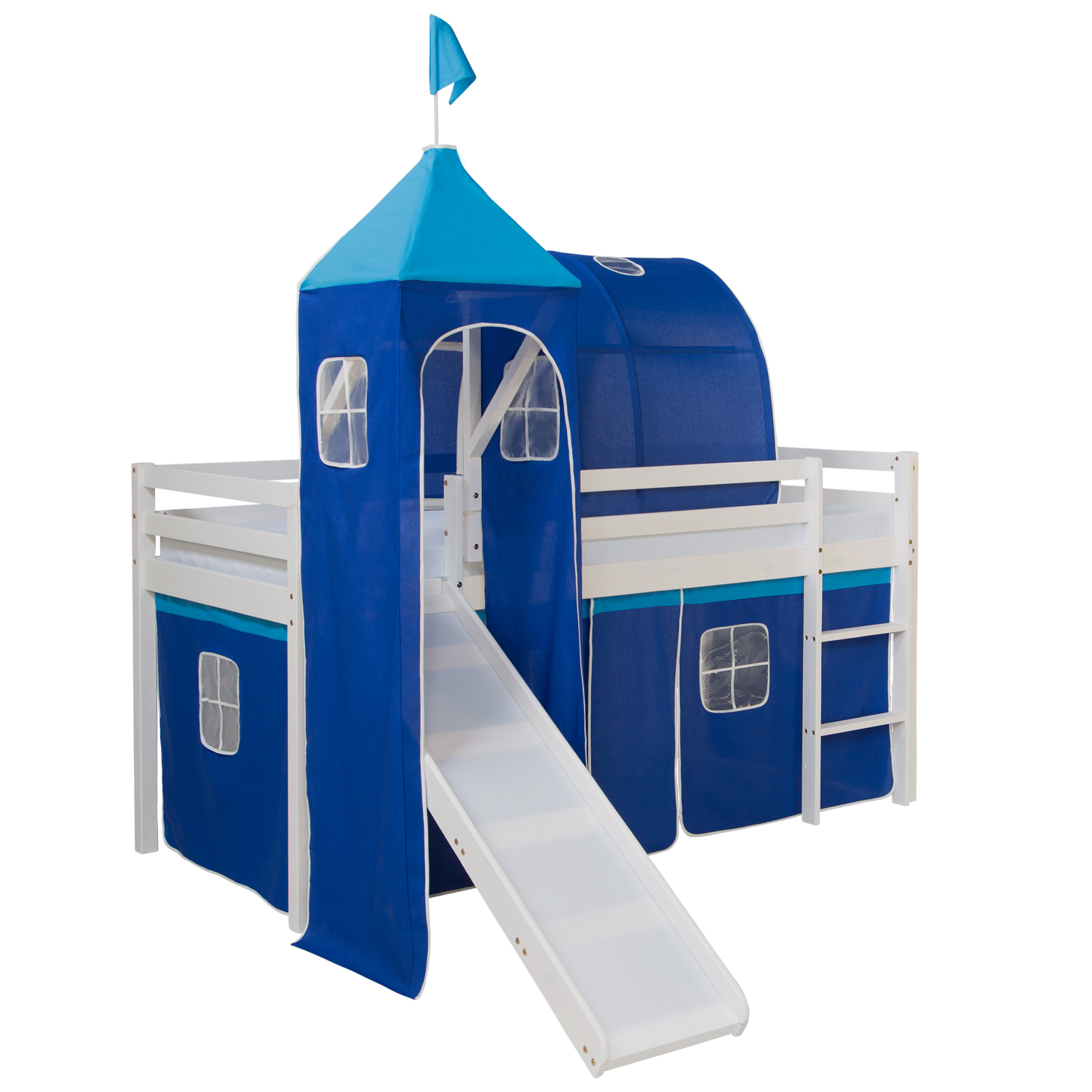 Loft Bed Kids 90x200 cm White with Curtain Blue | Tunnel | Tower | Slide | without Slatted Frame Loftbed 90x200 cm with Tower Tunnel Slide Mattress Bunk bed Childrens bed Solid Pine Wood Slats Curtain Blue