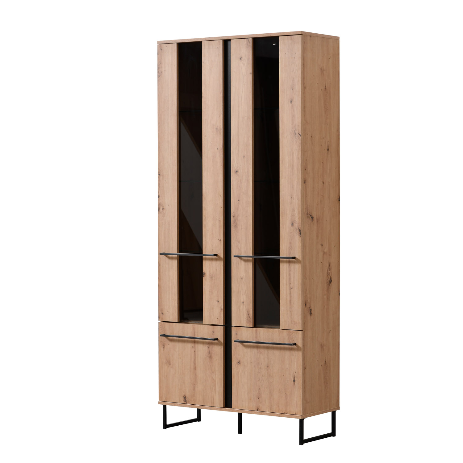 Showcase Highboard Cabinet with compartments Living room cabinet Wood Natural Skid feet Black