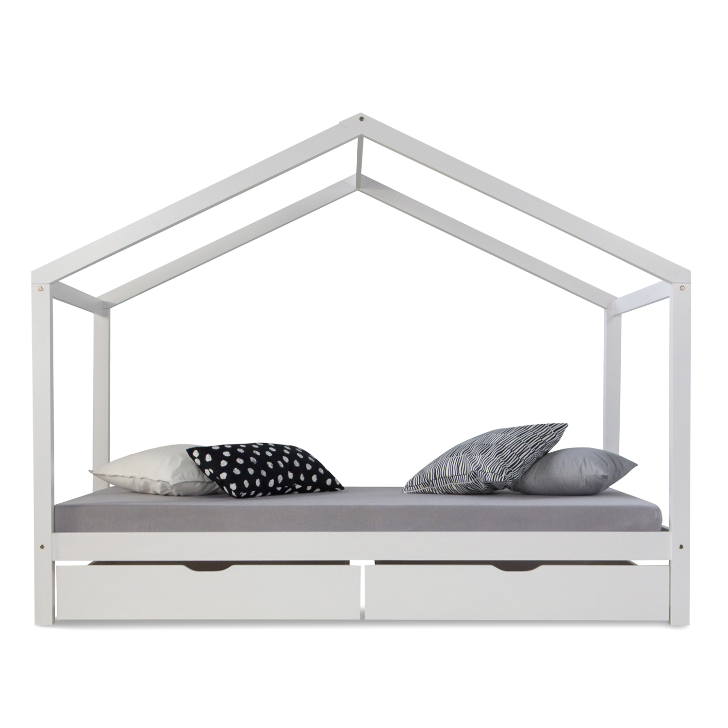 Lit Enfant 90x200 cm Blanc | Lit Cabane avec Tiroirs | Lit Simple | avec Sommier | Bois