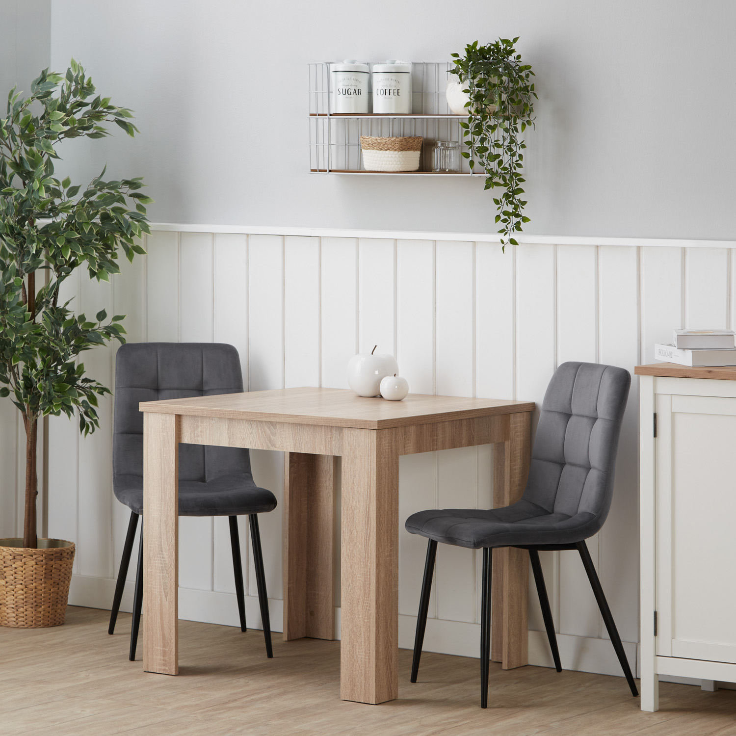 Modern Dining Table Sonoma Oak 80x80 cm with 2 Grey Velvet Chairs Dining Room Table Natural Wooden Table