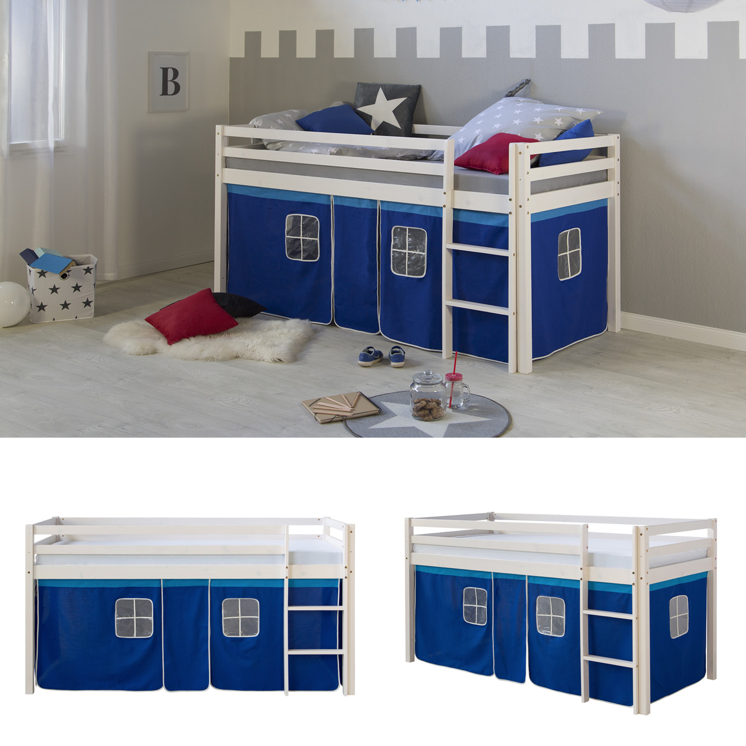 Loft Bed Kids 90x200 cm White with Curtain Blue | without Slatted Frame Loft Bed Kids 90x200 cm White with Curtain Blue | without Slatted Frame