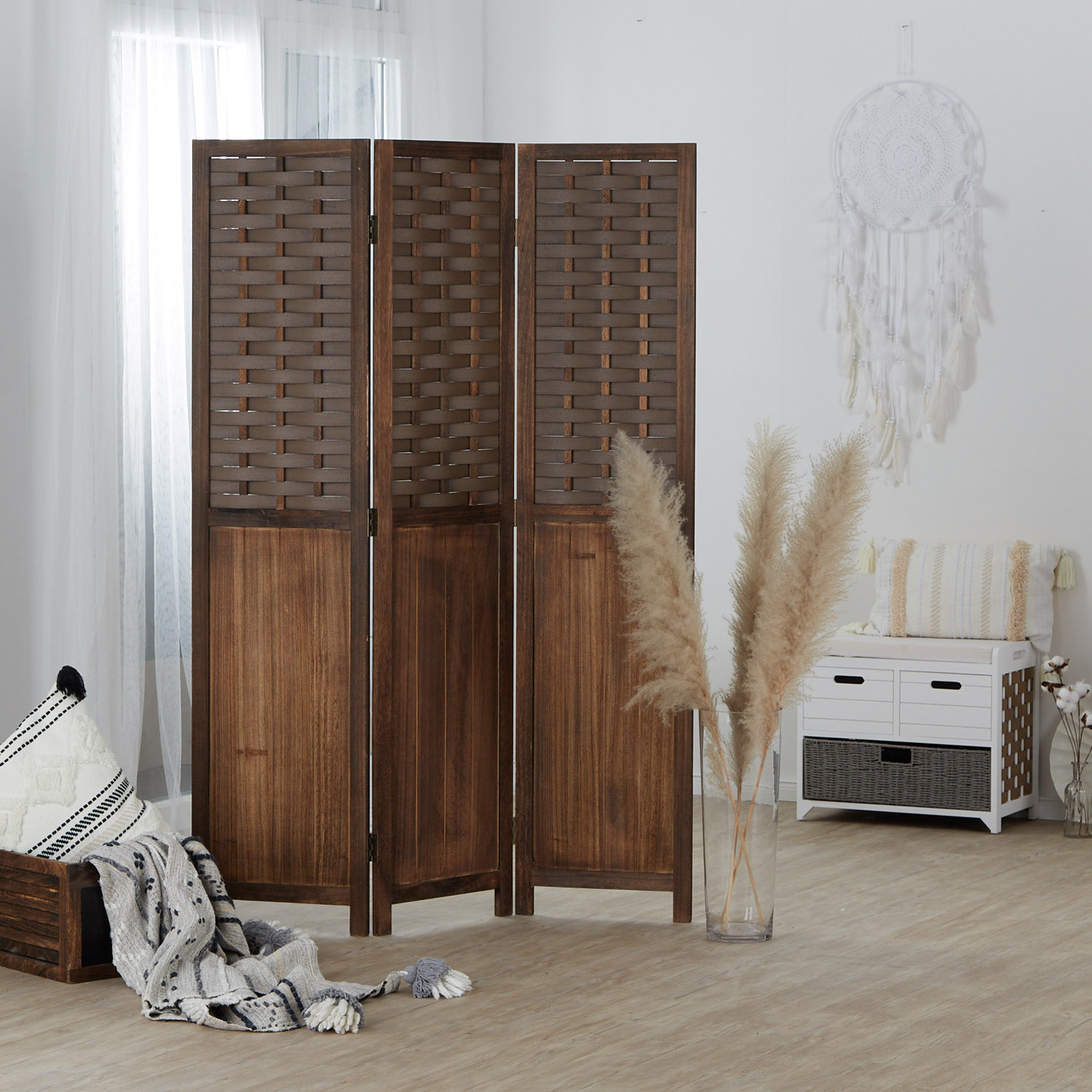 Paravent Brown Rattan-Style | 3-panel | Wood | Room Divider Partition Privacy Screen