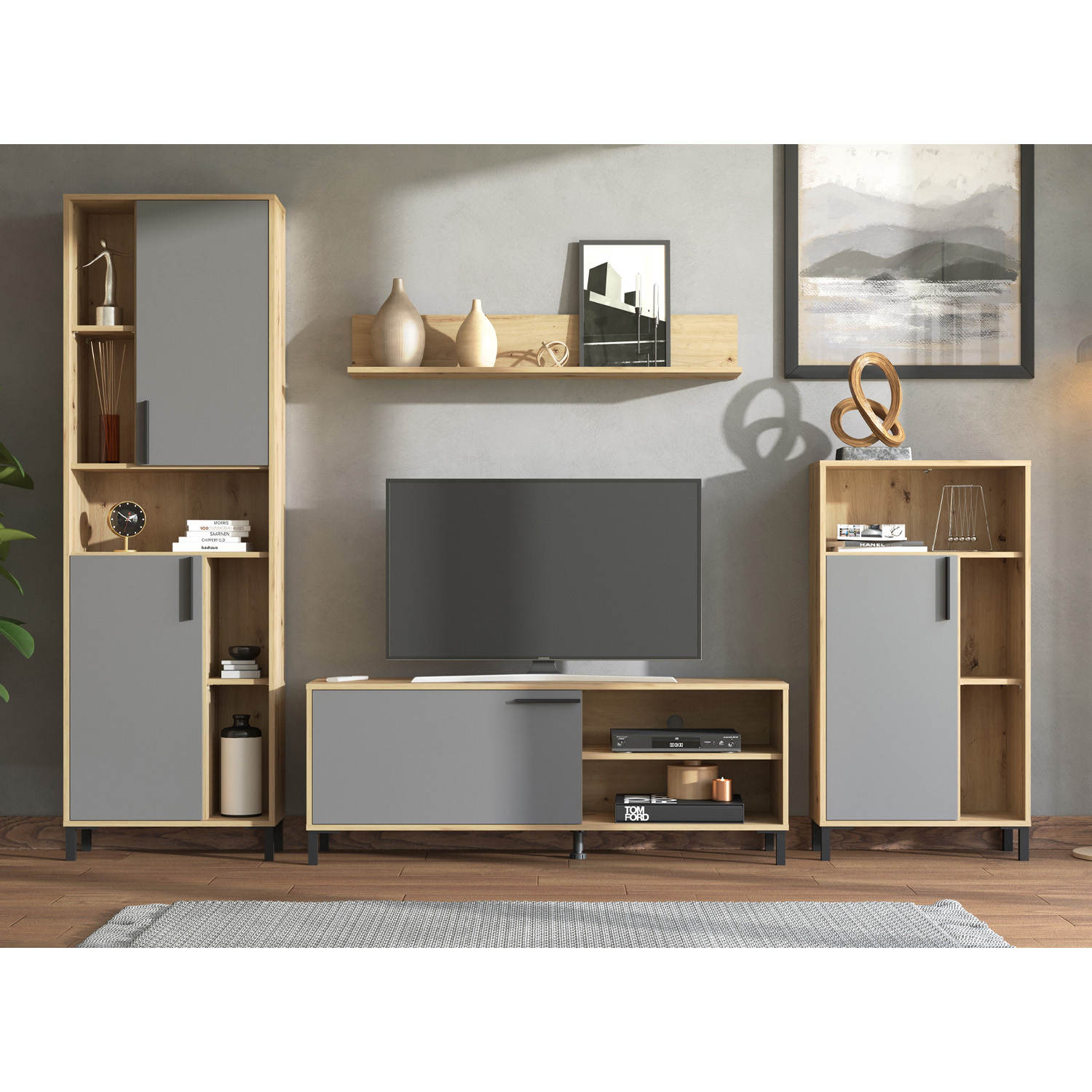 Wohnwand Schrankwand Holz Eiche Grau Anbauwand Wohnzimmer-Set 4 tlg. Modern Entertainment Center