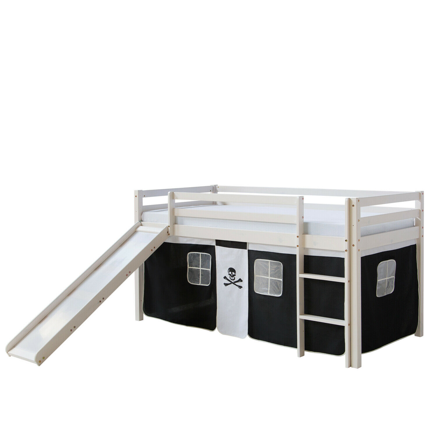 Loft Bed Kids 90x200 cm White with Curtain in Black | Slide | without Slatted Frame Loft Bed Kids 90x200 cm White with Curtain in Black | Slide | without Slatted Frame