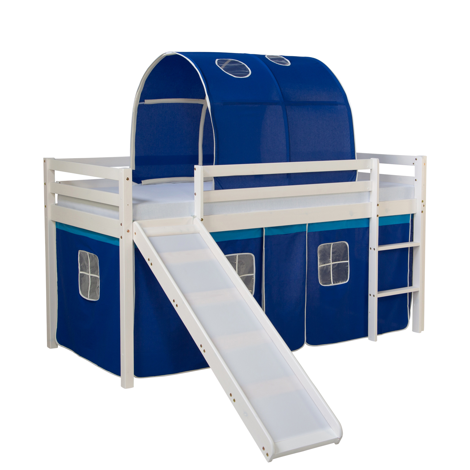 Loft Bed Kids 90x200 cm White with Curtain in Blue | Tunnel | Slide | with Slatted Frame Loftbed 90x200 cm Bunk bed Childrens bed Solid Pine Wood Tower Tunnel Curtain Blue Slide Mattress Slats