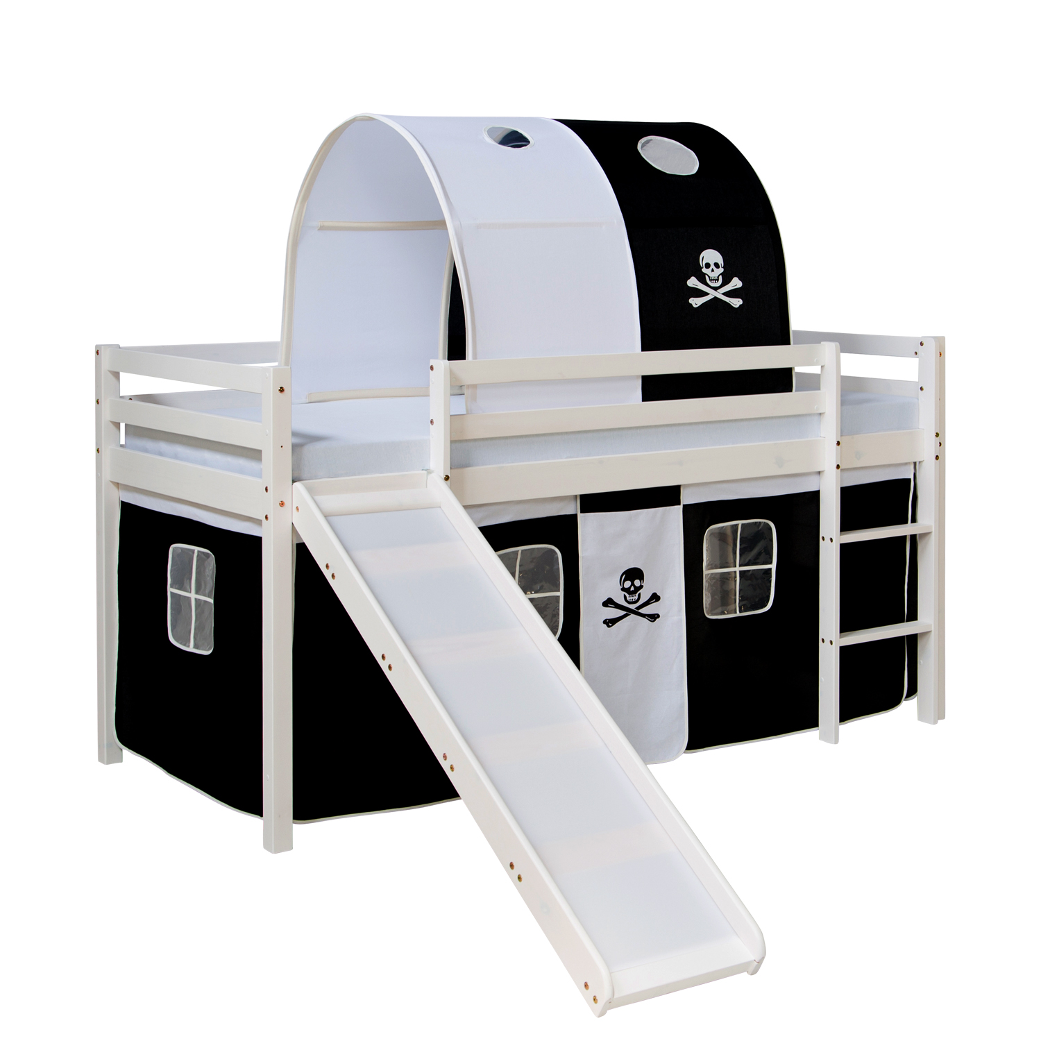 Loftbed 90x200 cm Bunk bed Childrens bed Solid Pine Wood Tower Tunnel Curtain Black Pirate Slide Mattress Slats