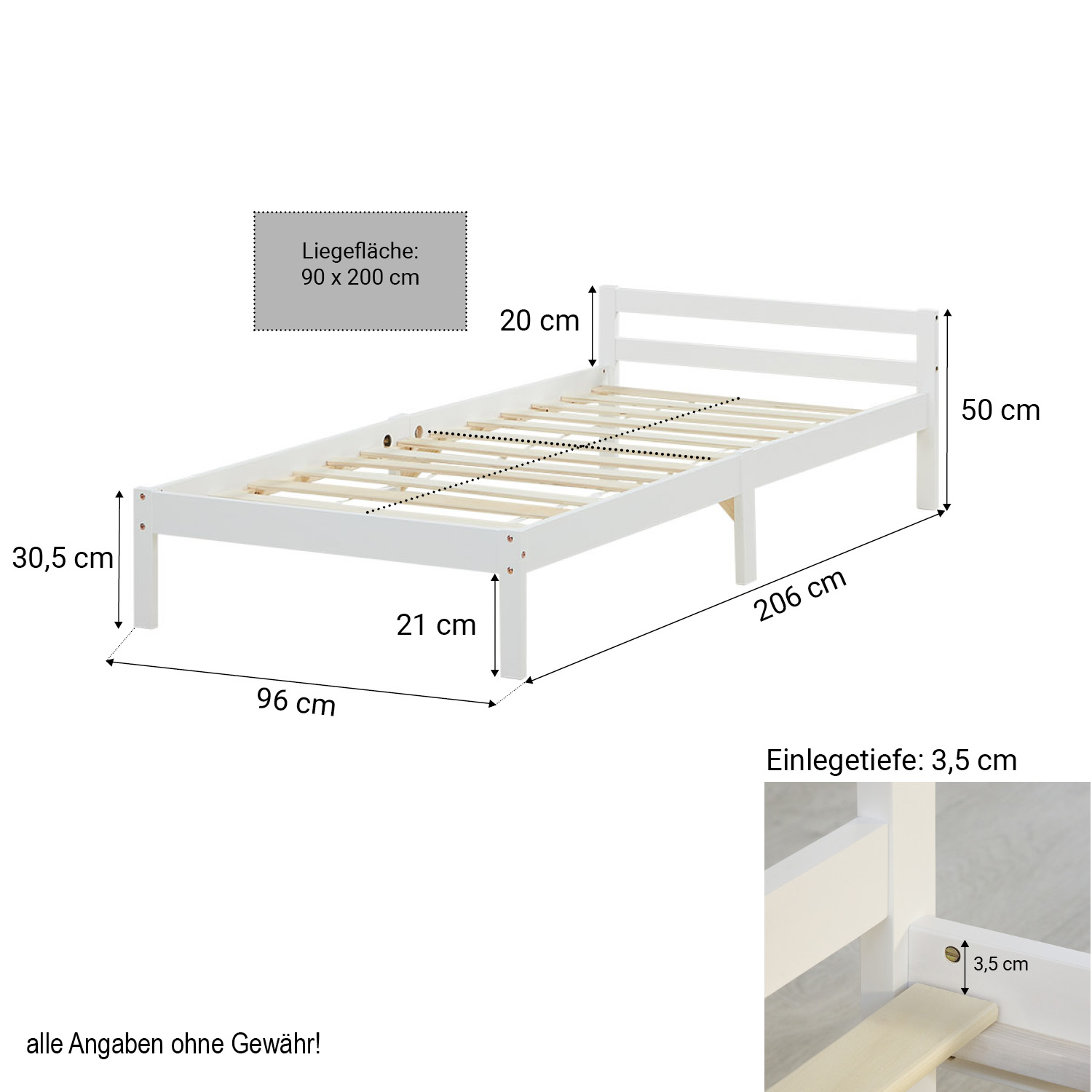 Lit en Bois 90x200 cm Blanc | Lit Simple | avec Sommier | Chambre Enfant, Adolescent, Invité