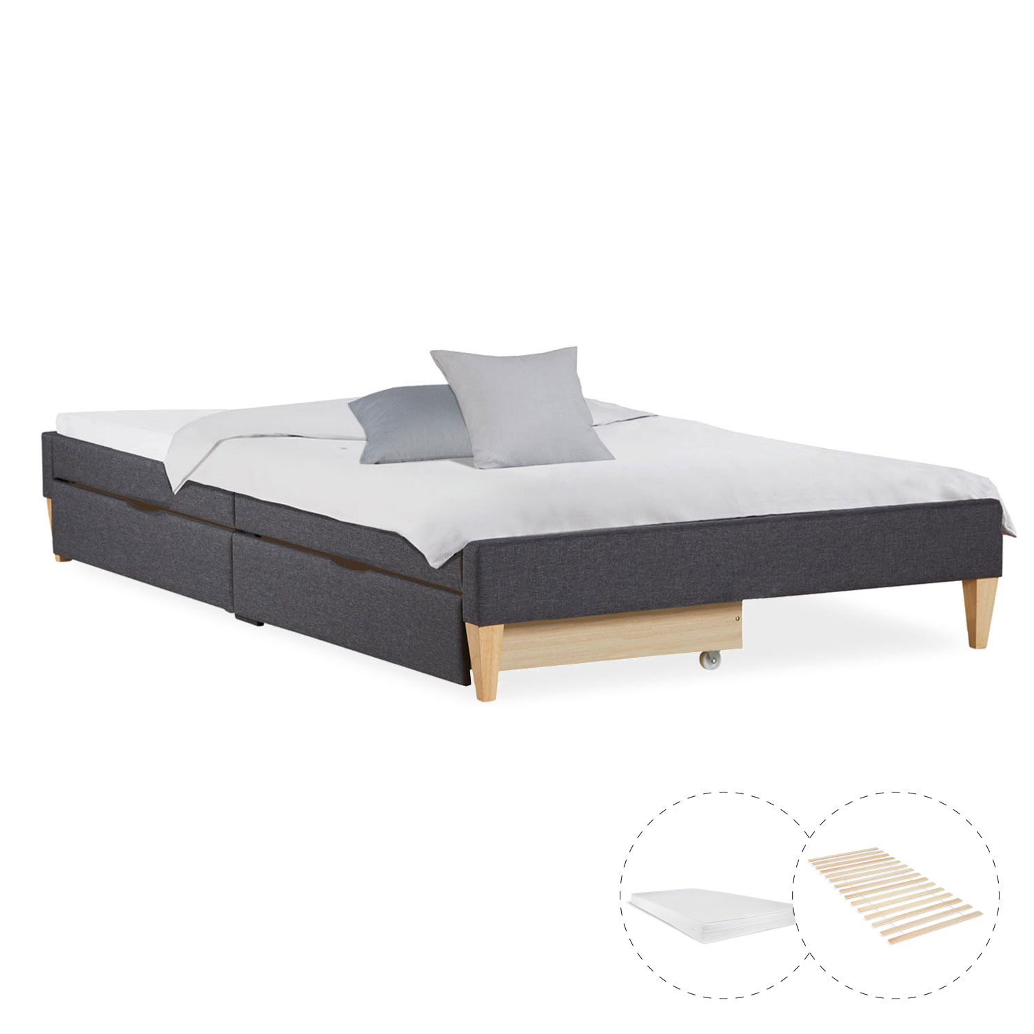 Upholstered Bed with Mattress 140x200 cm 2 Drawers Slatts Grey Fabric Bed Double Bed Futon Bed Frame Platform Bed