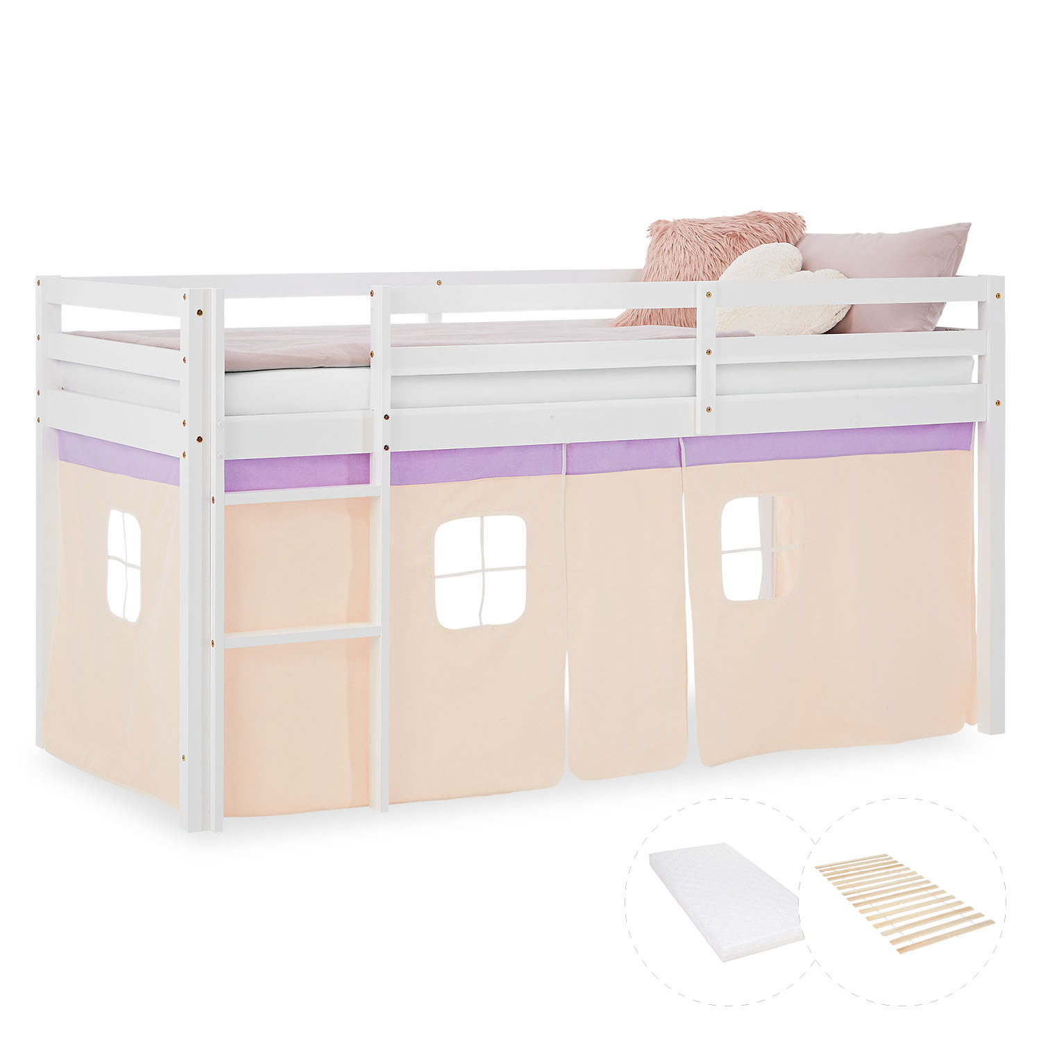 Loft Bed for Kids 90x200 cm White with Curtain in Lilac Beige | with Slatted Frame and Mattress