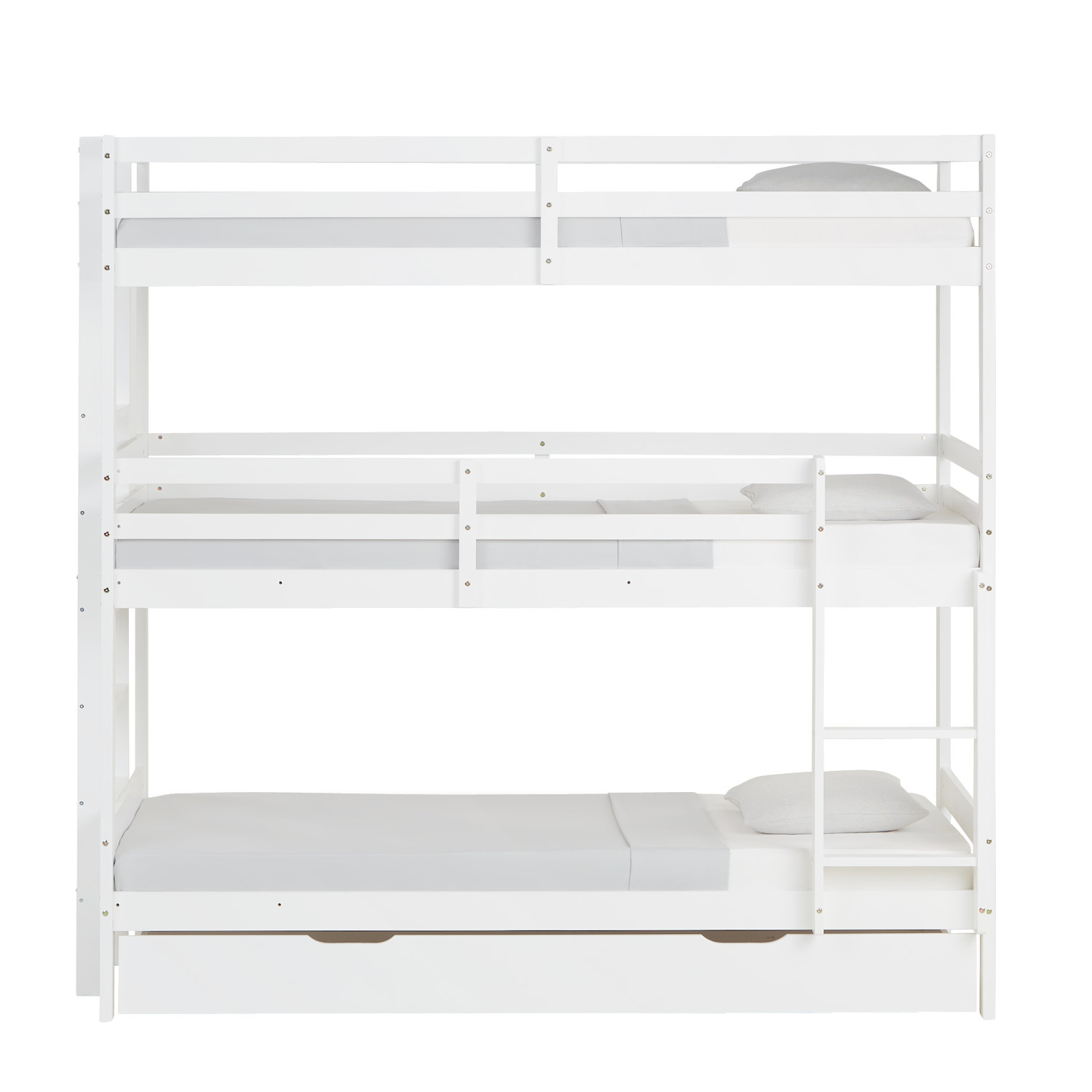 Bunk Bed 3 Levels 90x200 cm White | Ladders White | with Slatted Frame | with Bed Drawer